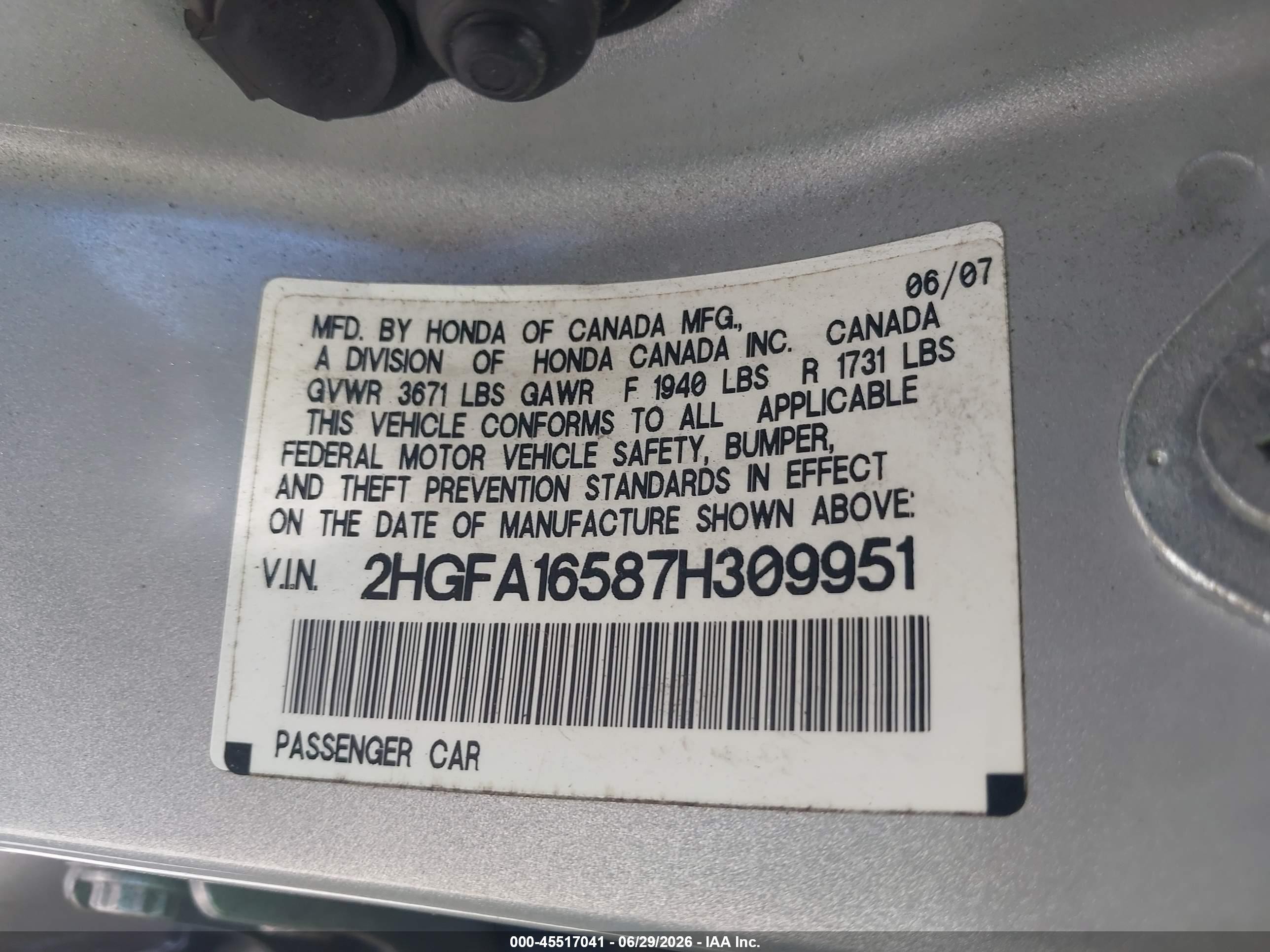 2007 Honda Civic Lx Gray vin: 2HGFA16587H309951