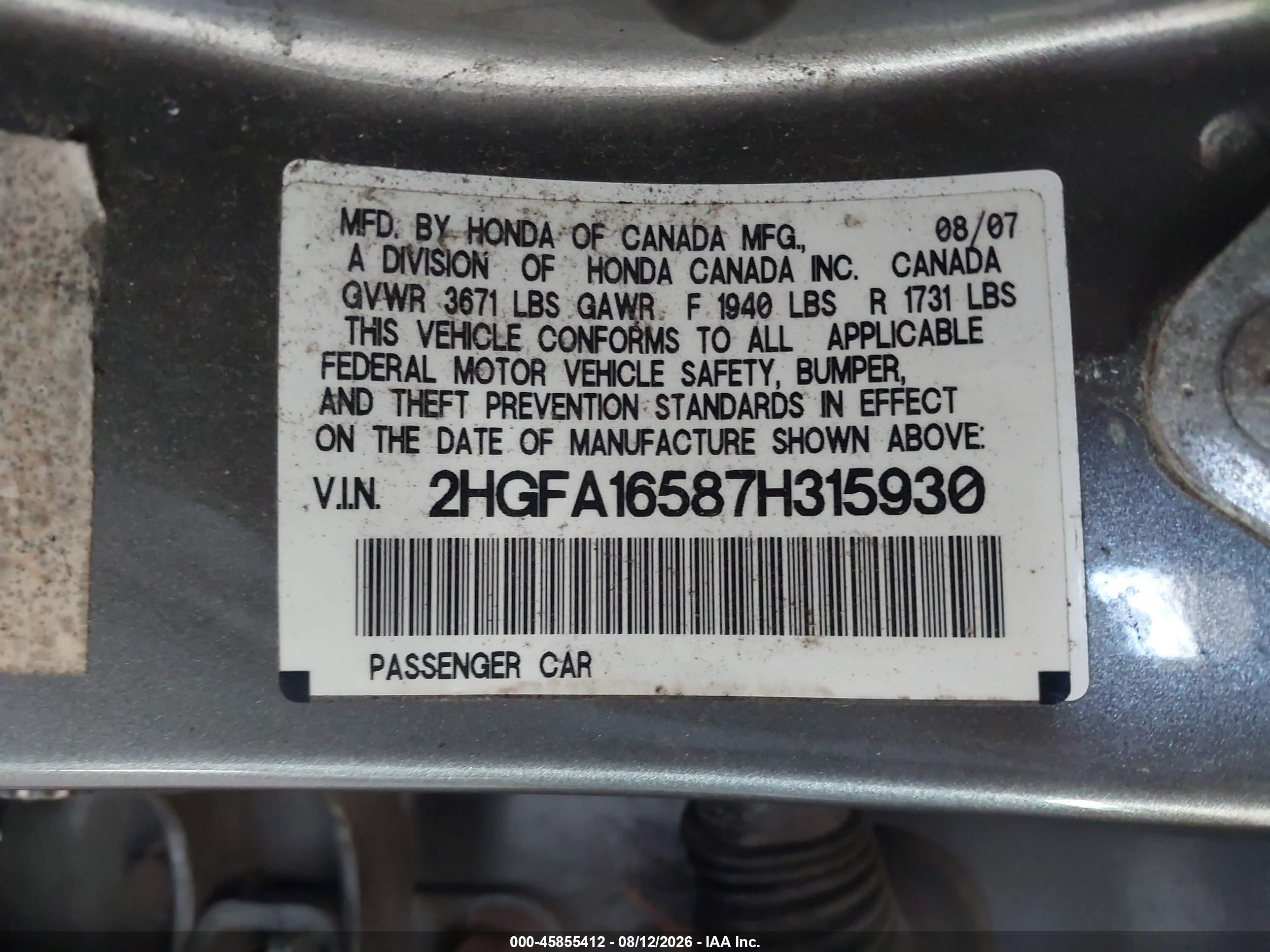 2007 Honda Civic Lx Beige vin: 2HGFA16587H315930