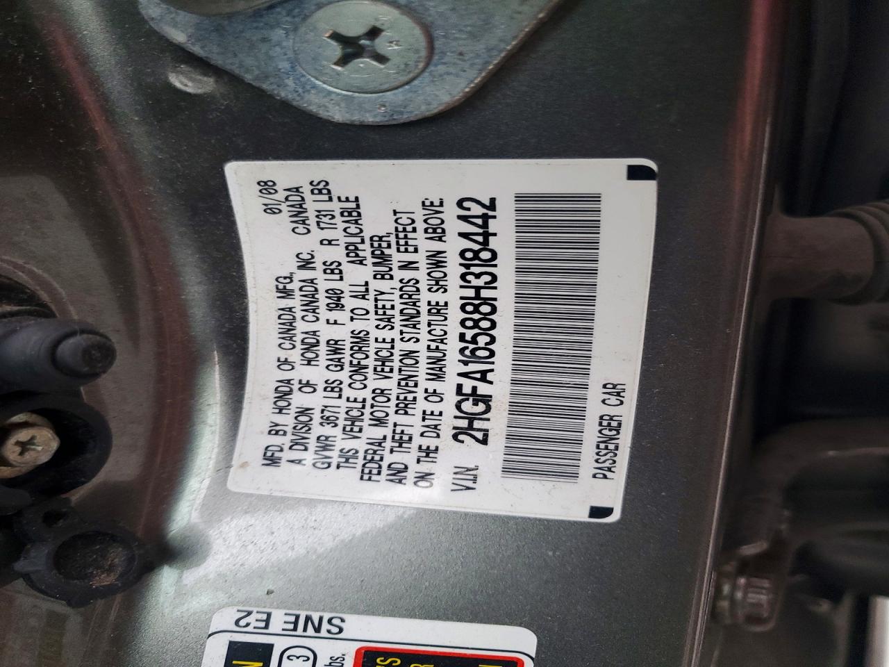 2008 Honda Civic Lx Gray vin: 2HGFA16588H318442