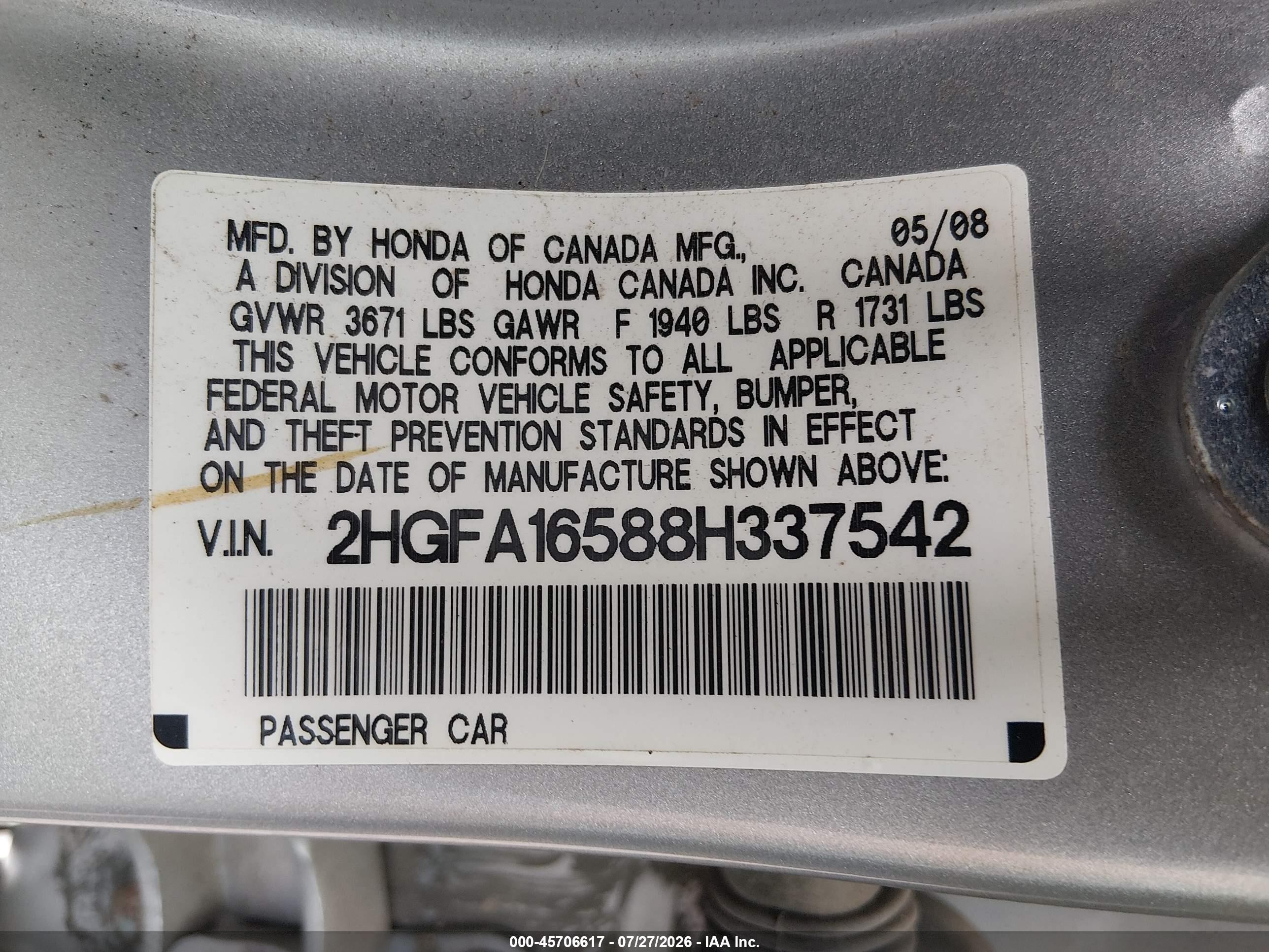 2008 Honda Civic Lx Серебряный vin: 2HGFA16588H337542