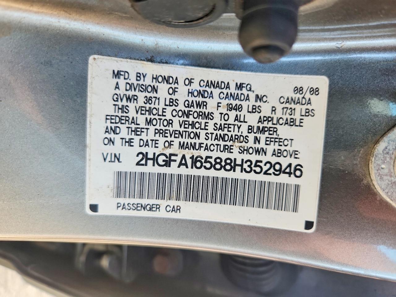 2008 Honda Civic Lx Gray vin: 2HGFA16588H352946
