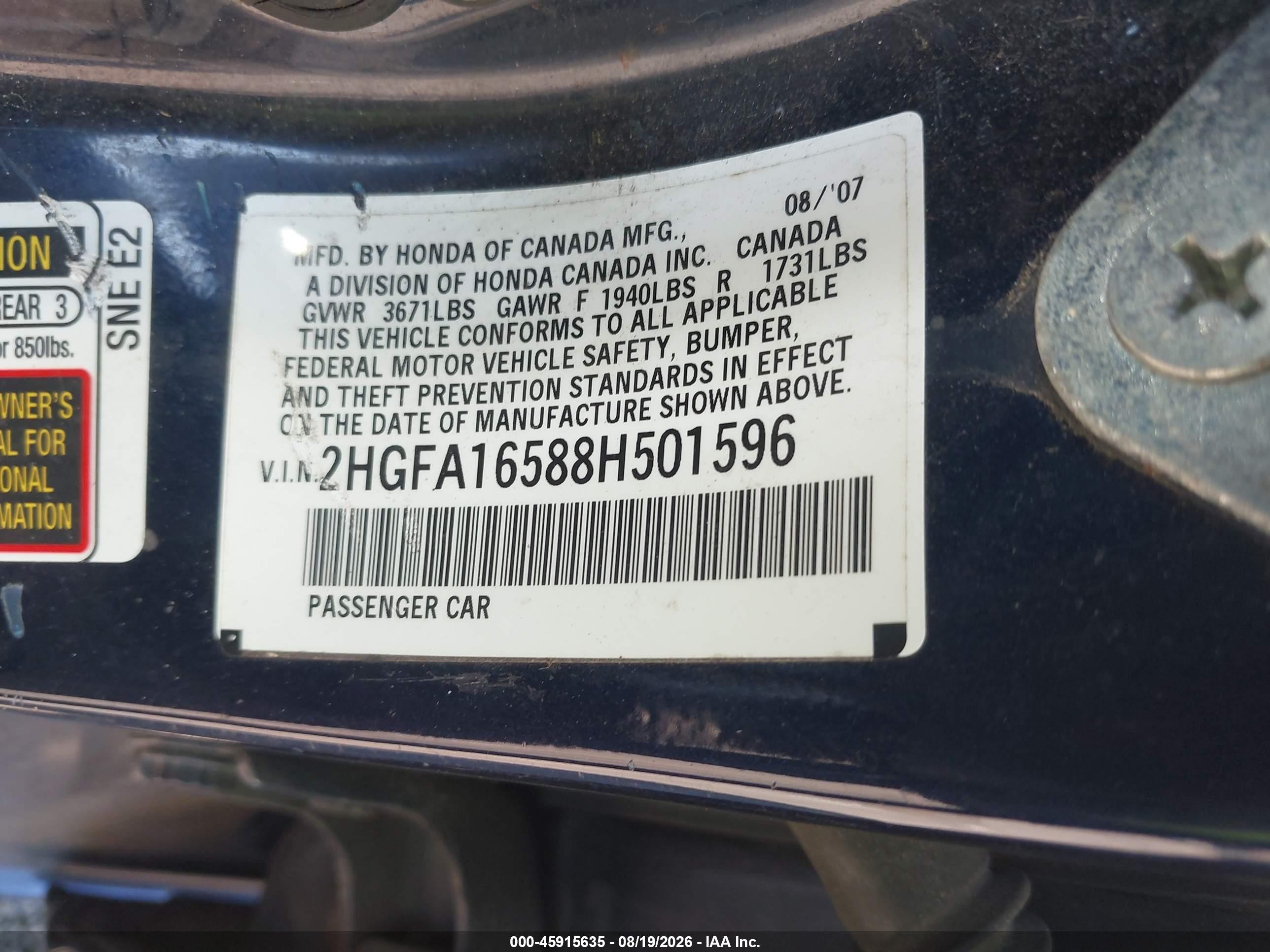 2008 Honda Civic Lx Blue vin: 2HGFA16588H501596