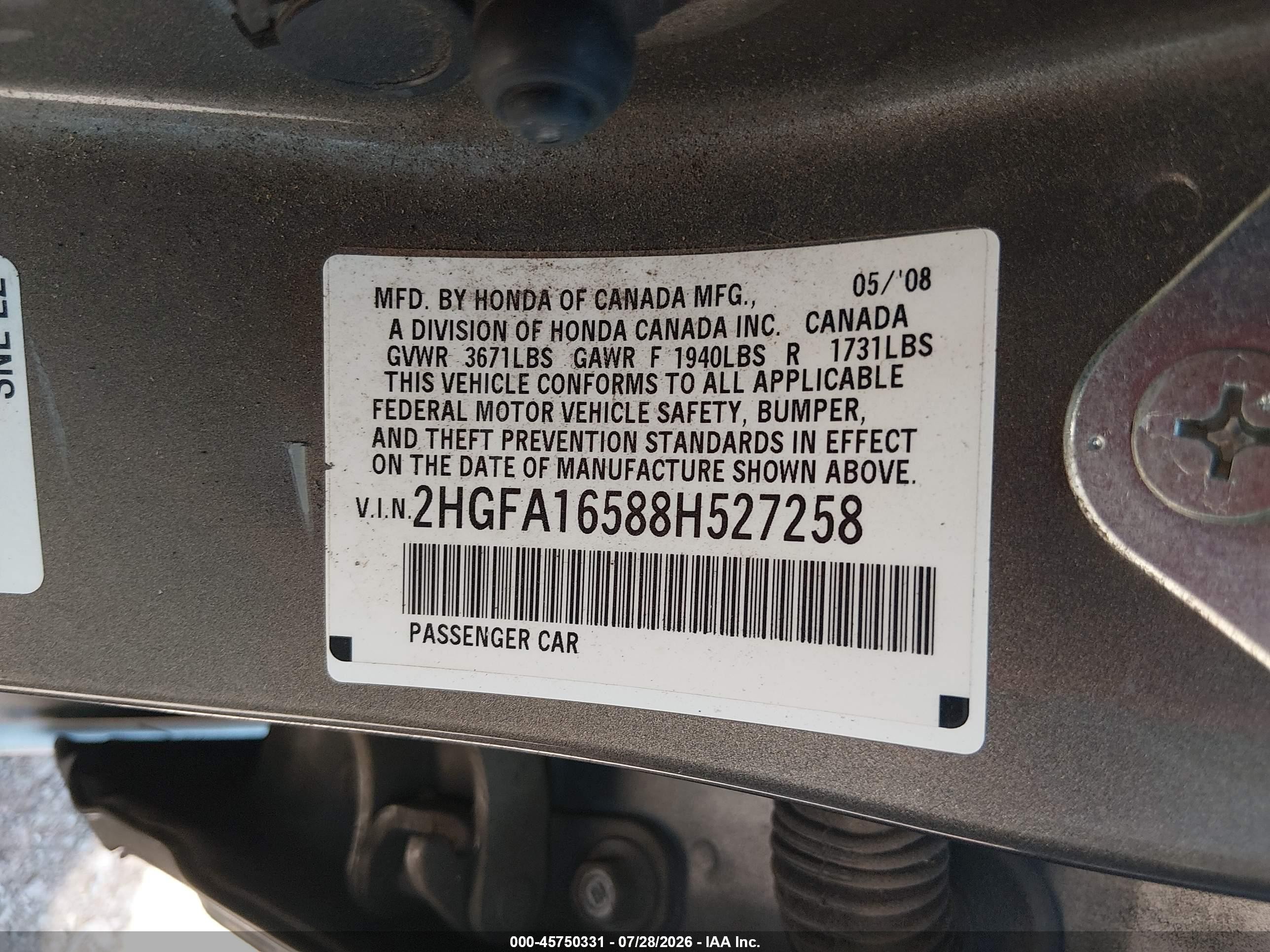 2008 Honda Civic Lx Gray vin: 2HGFA16588H527258