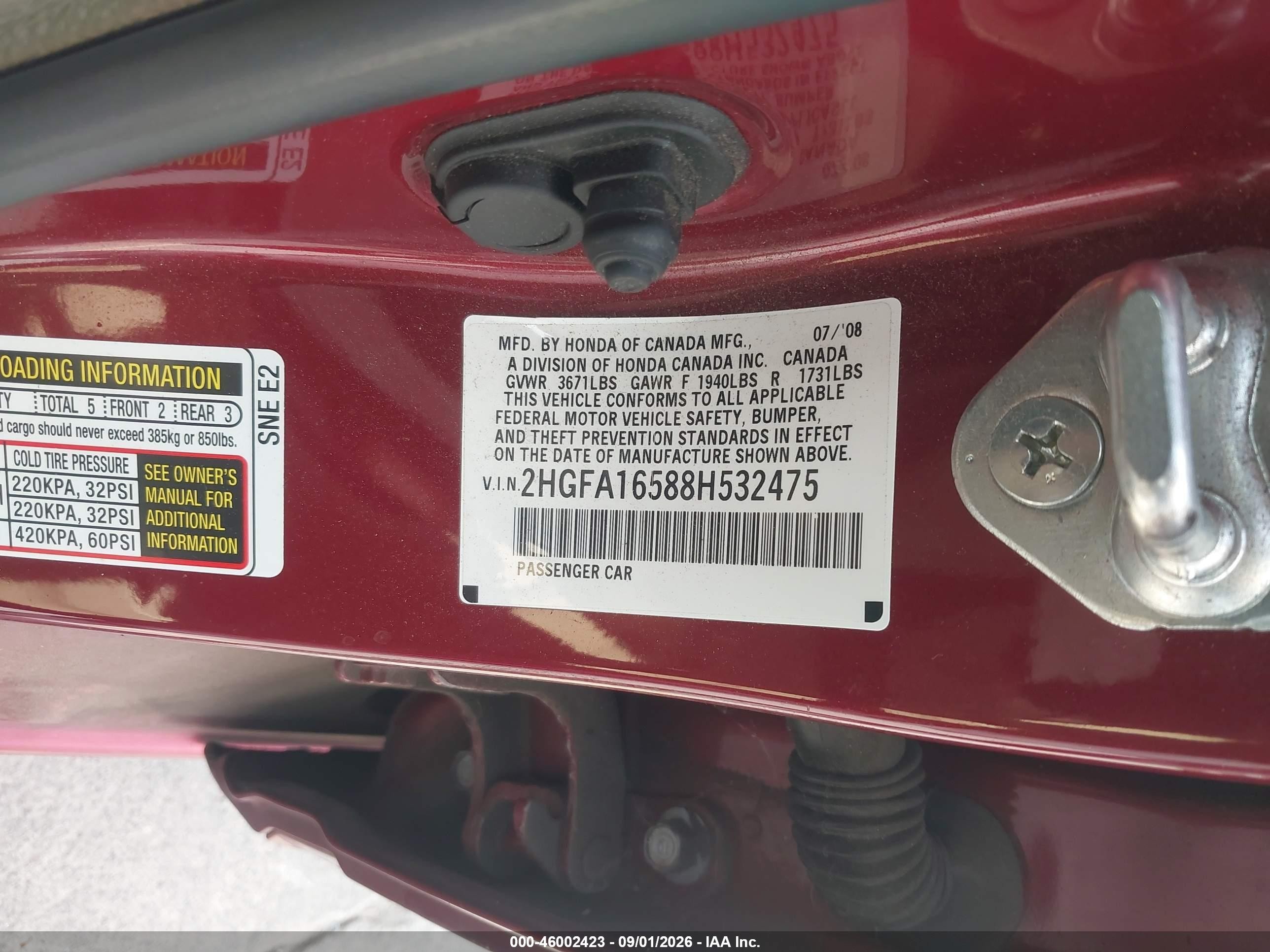 2008 Honda Civic Lx Burgundy vin: 2HGFA16588H532475