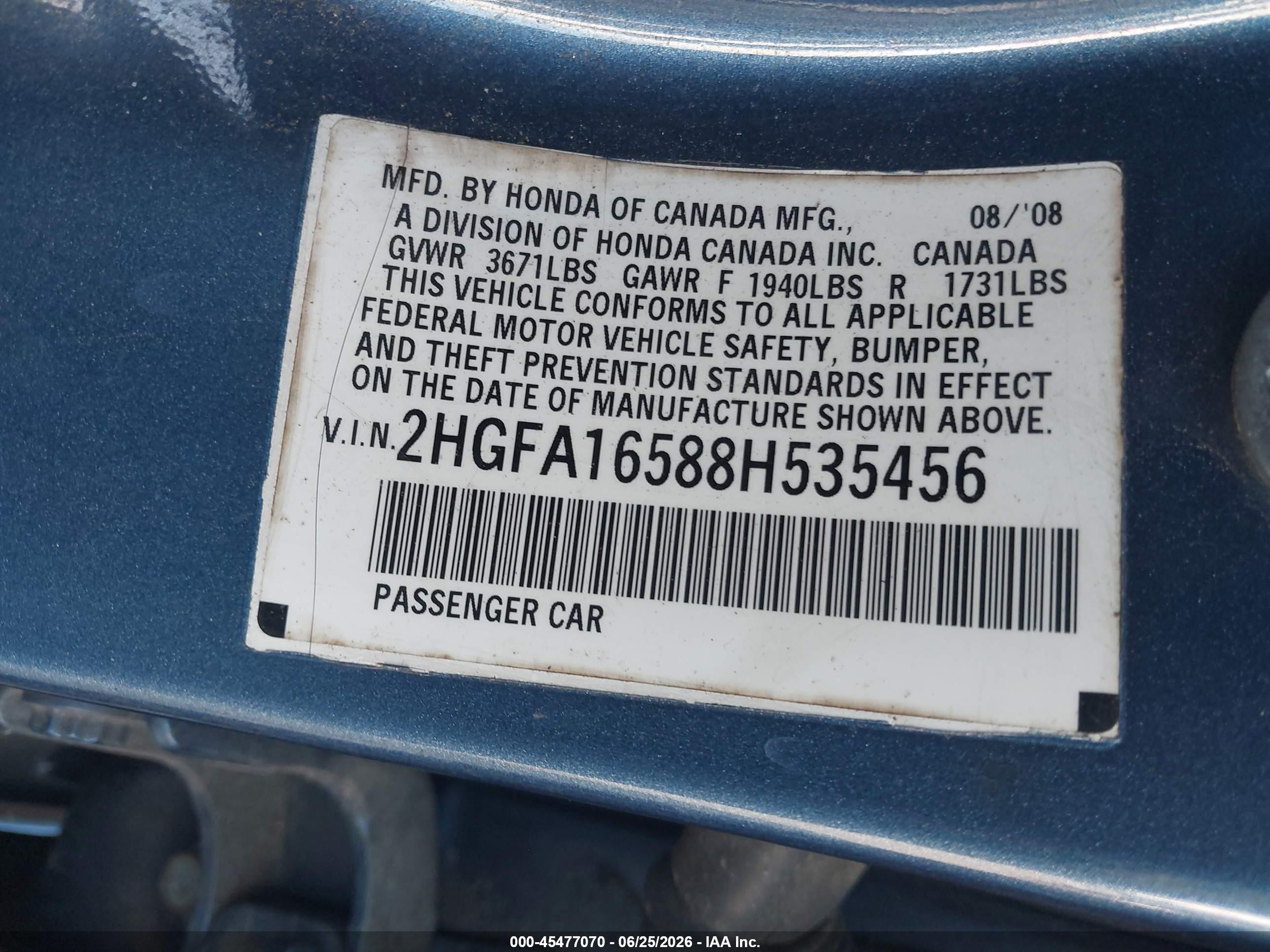 2008 Honda Civic Lx Blue vin: 2HGFA16588H535456