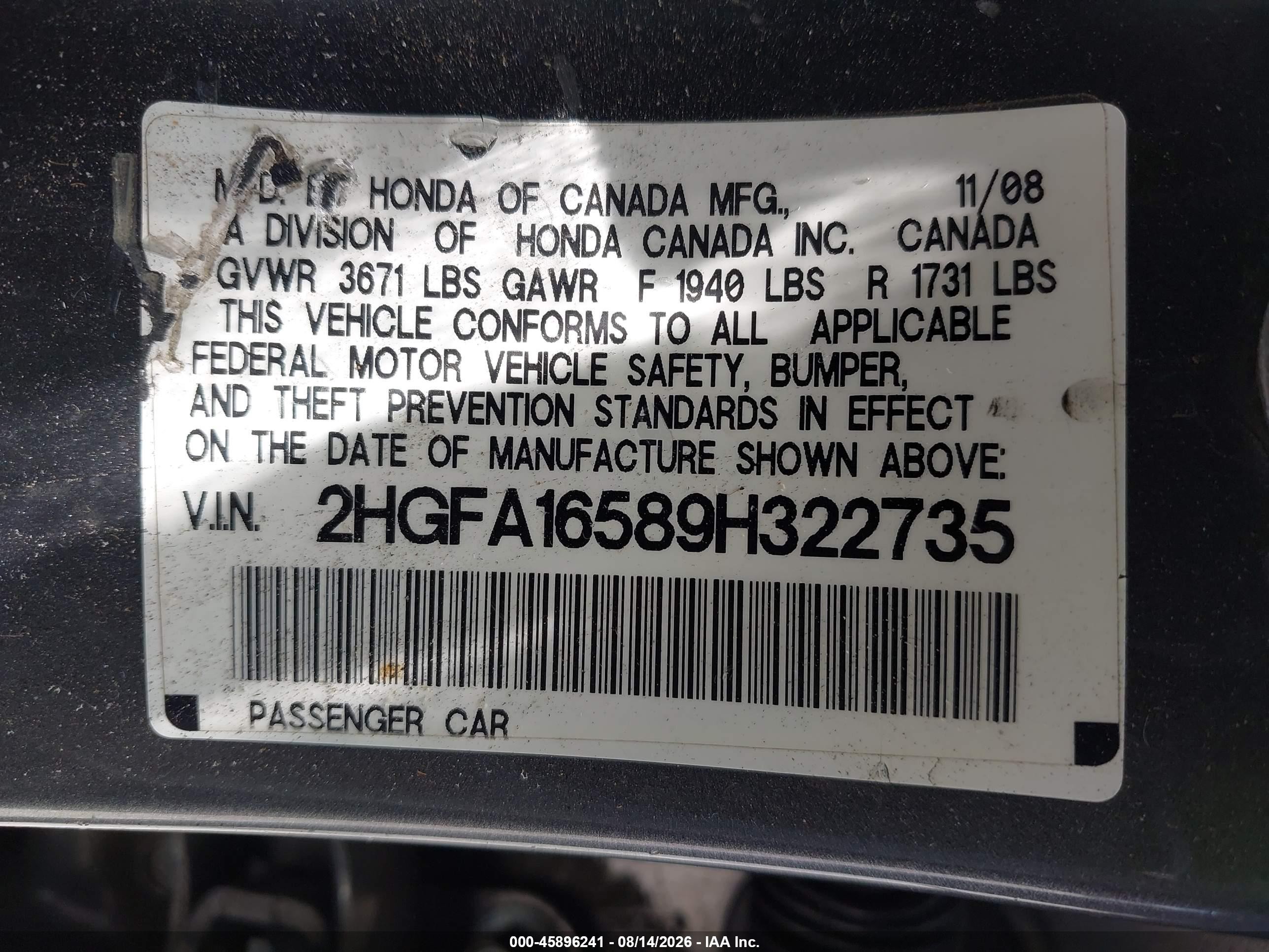2009 Honda Civic Lx Gray vin: 2HGFA16589H322735