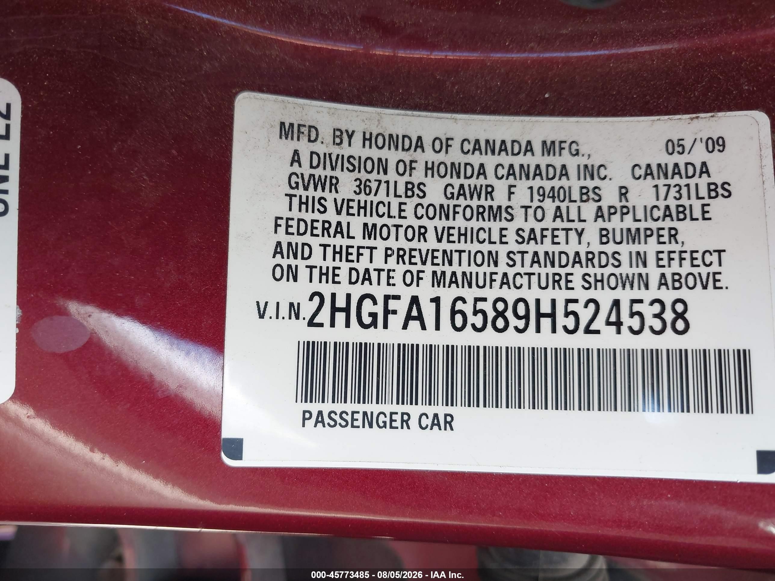 2009 Honda Civic Lx Red vin: 2HGFA16589H524538