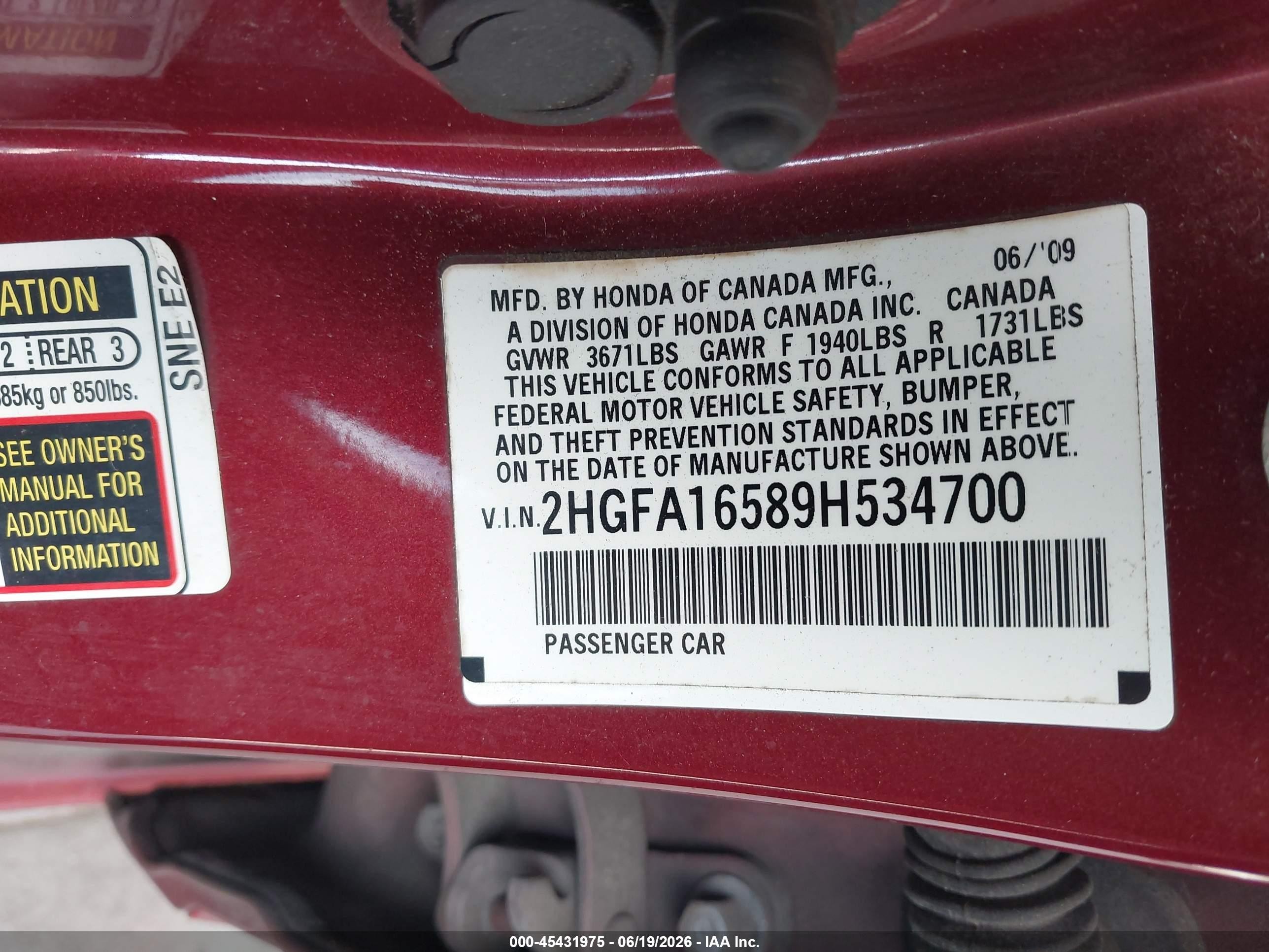 2009 Honda Civic Lx Burgundy vin: 2HGFA16589H534700