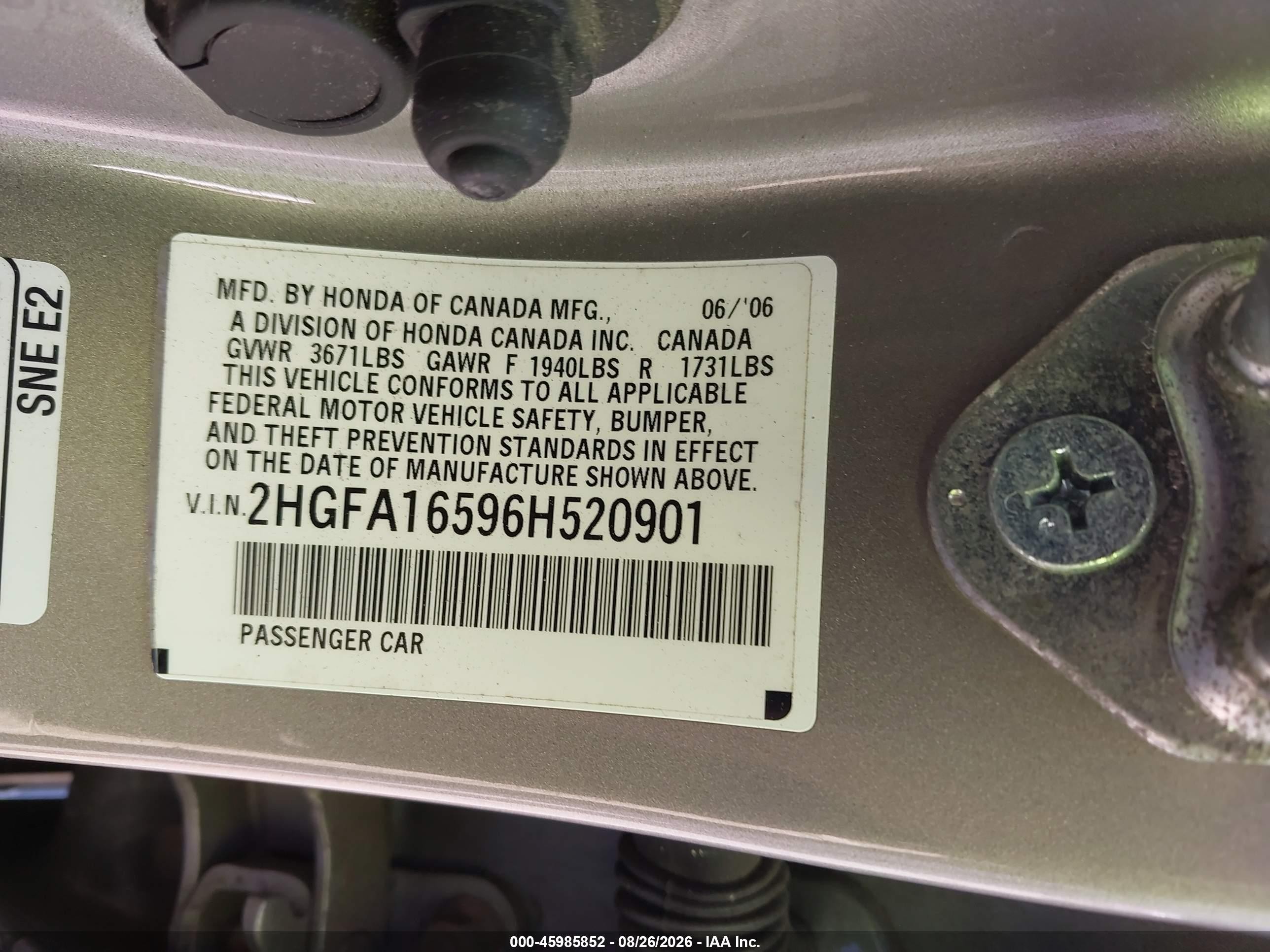 2006 Honda Civic Lx Champagne vin: 2HGFA16596H520901