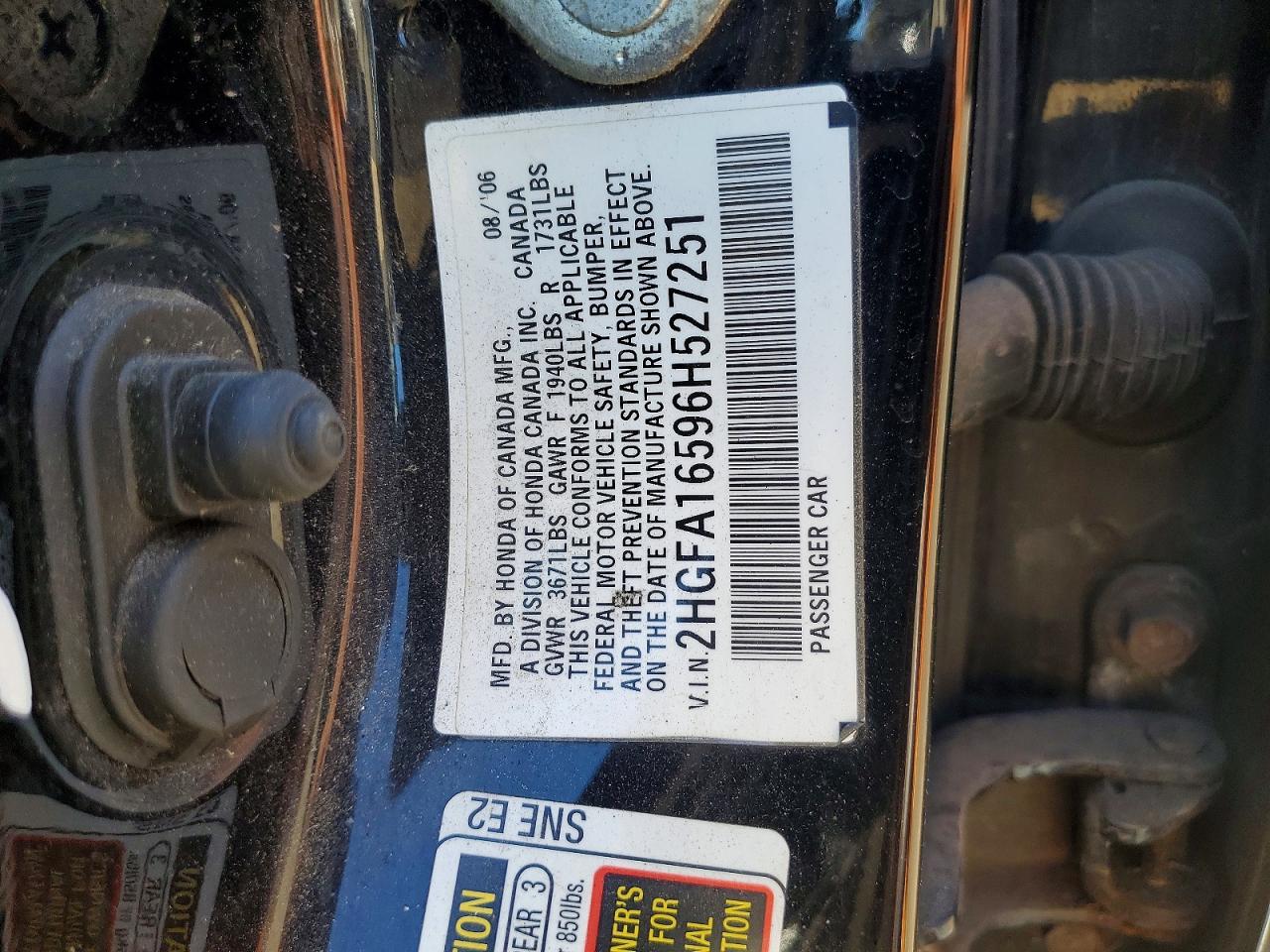 2006 Honda Civic Lx Black vin: 2HGFA16596H527251