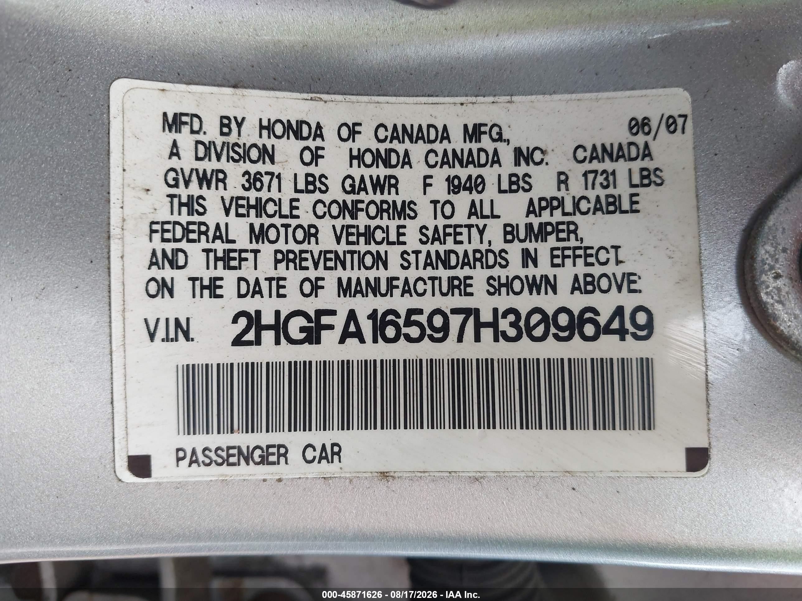 2007 Honda Civic Lx Silver vin: 2HGFA16597H309649