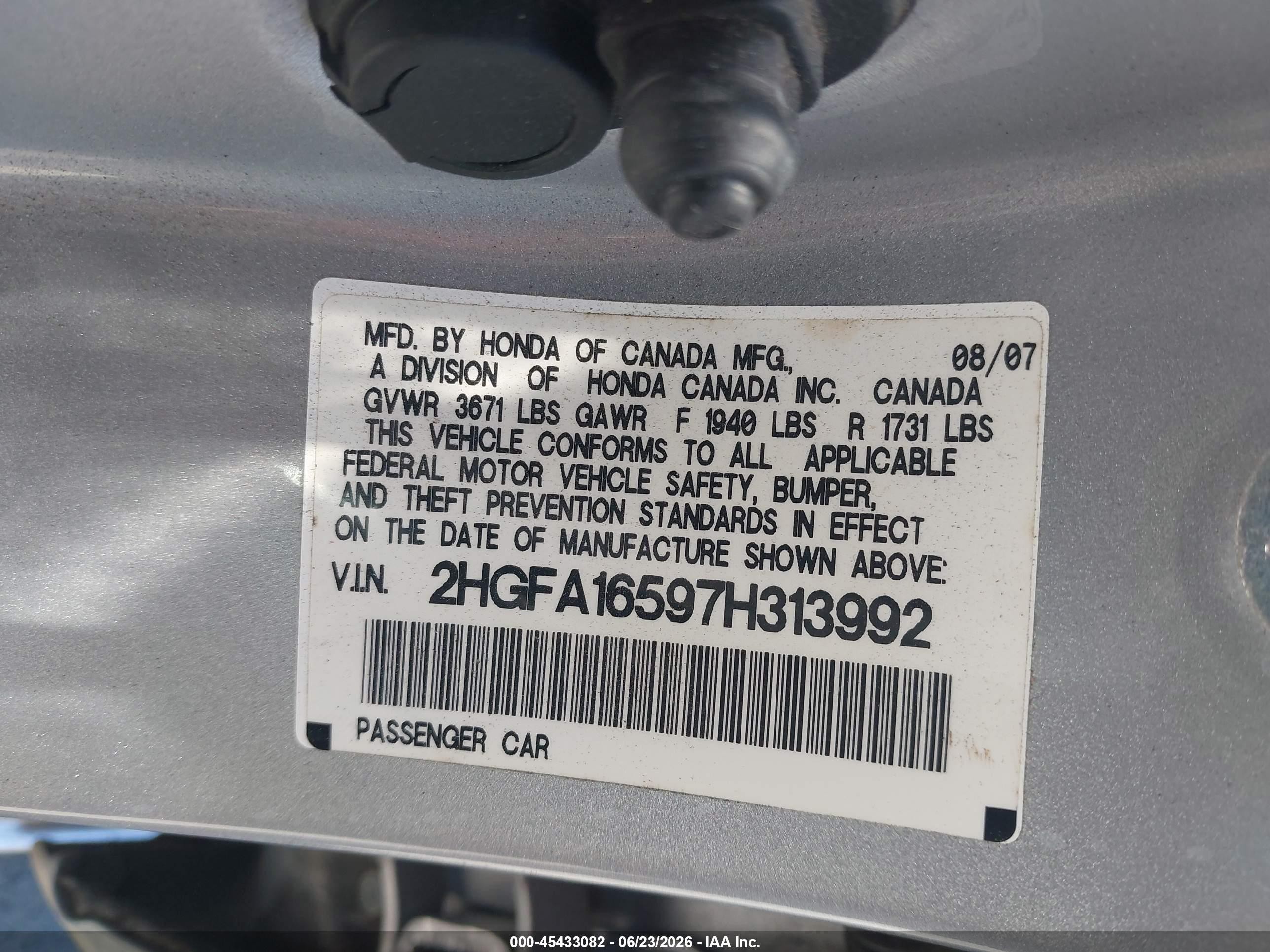 2007 Honda Civic Lx Silver vin: 2HGFA16597H313992