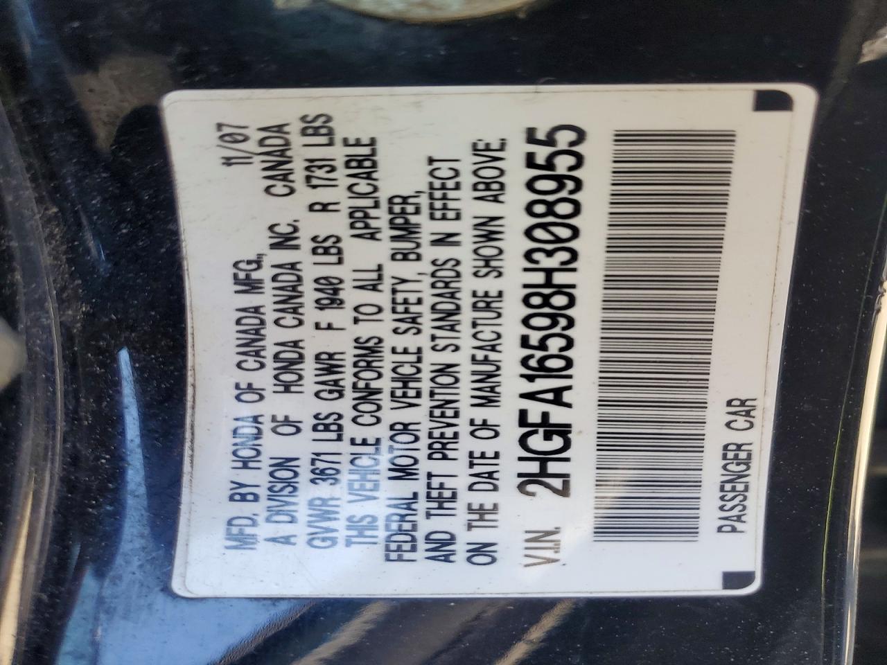 2008 Honda Civic Lx Black vin: 2HGFA16598H308955