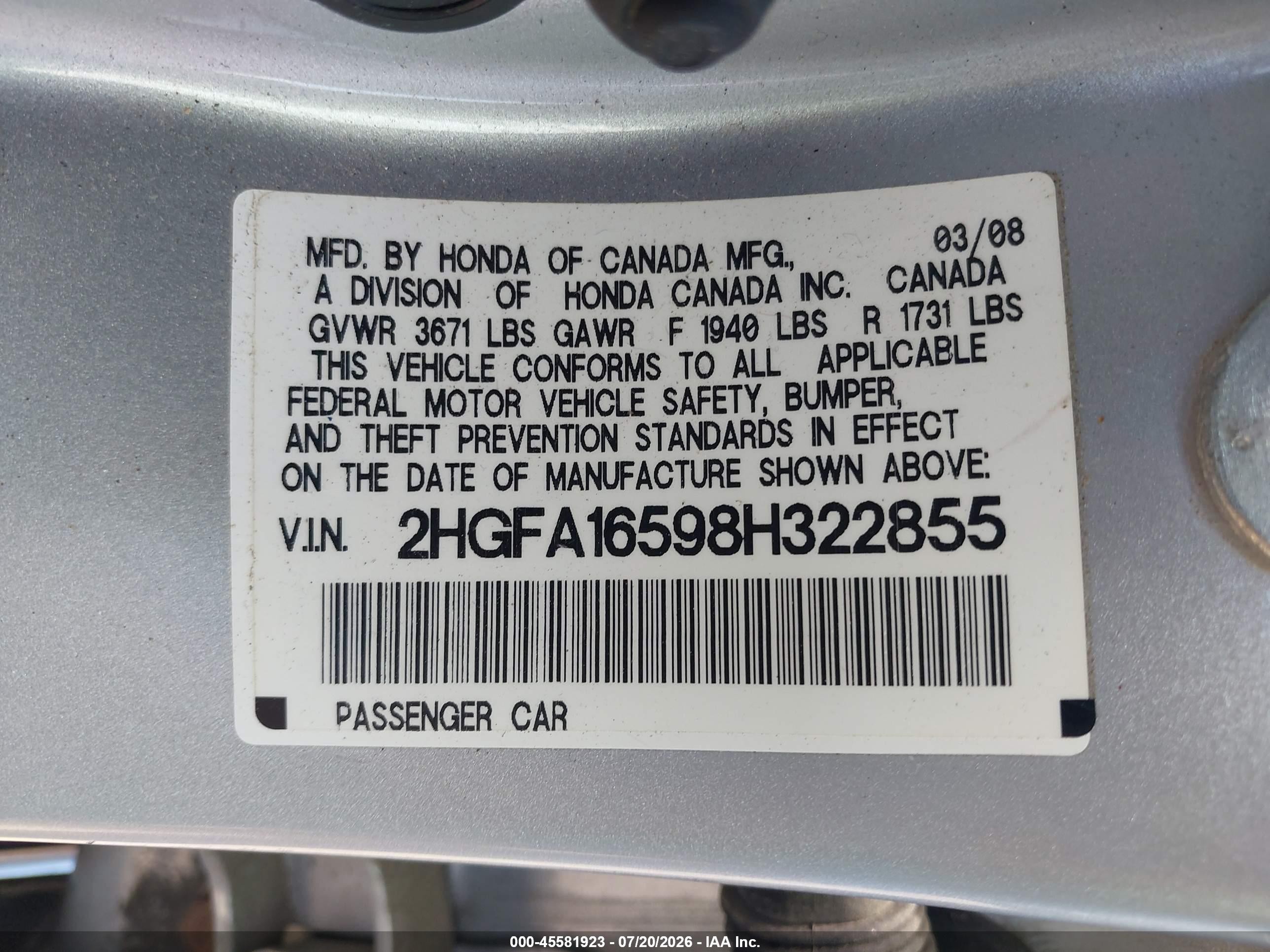 2008 Honda Civic Lx Серый vin: 2HGFA16598H322855