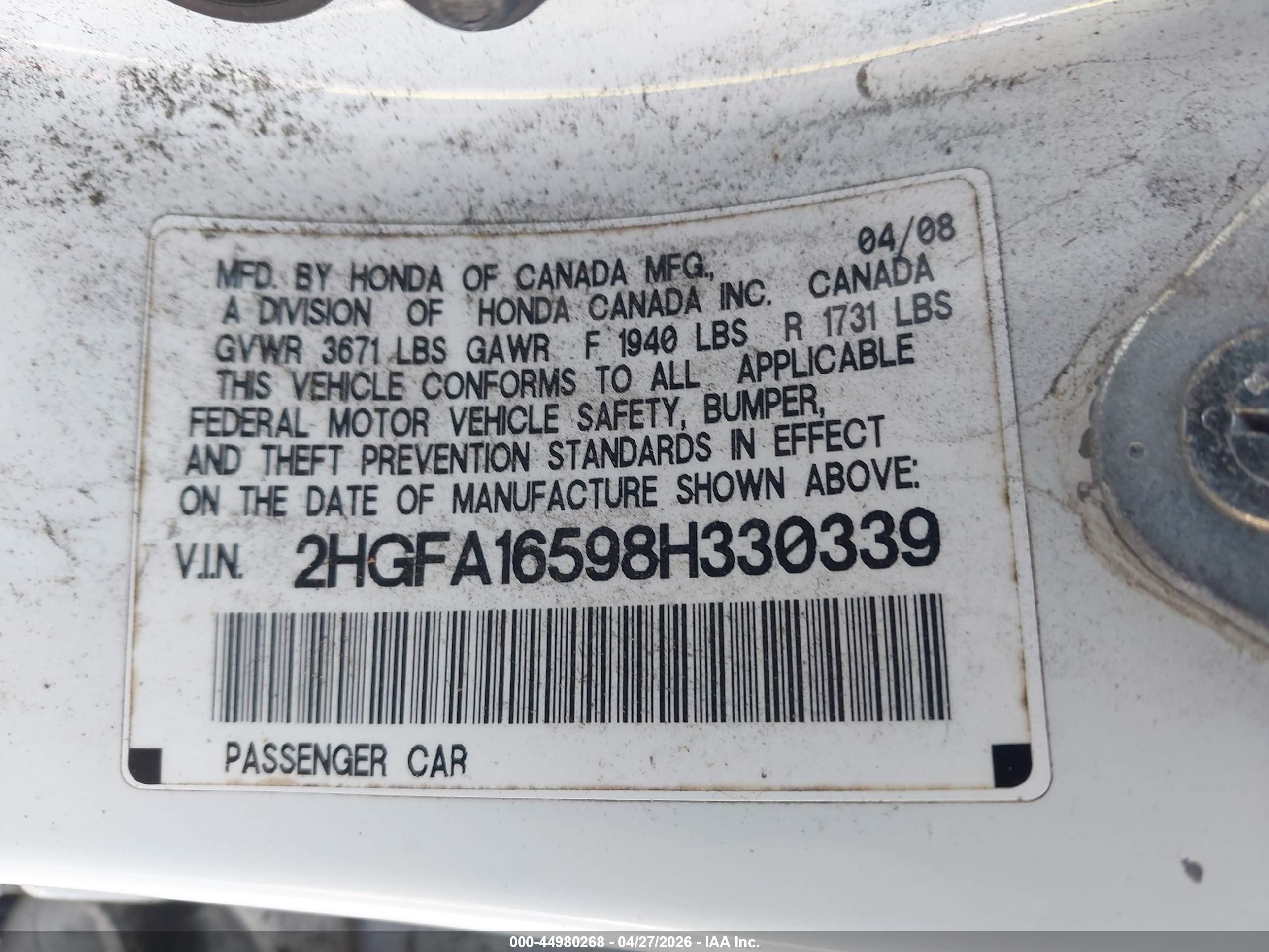 2008 Honda Civic Lx White vin: 2HGFA16598H330339