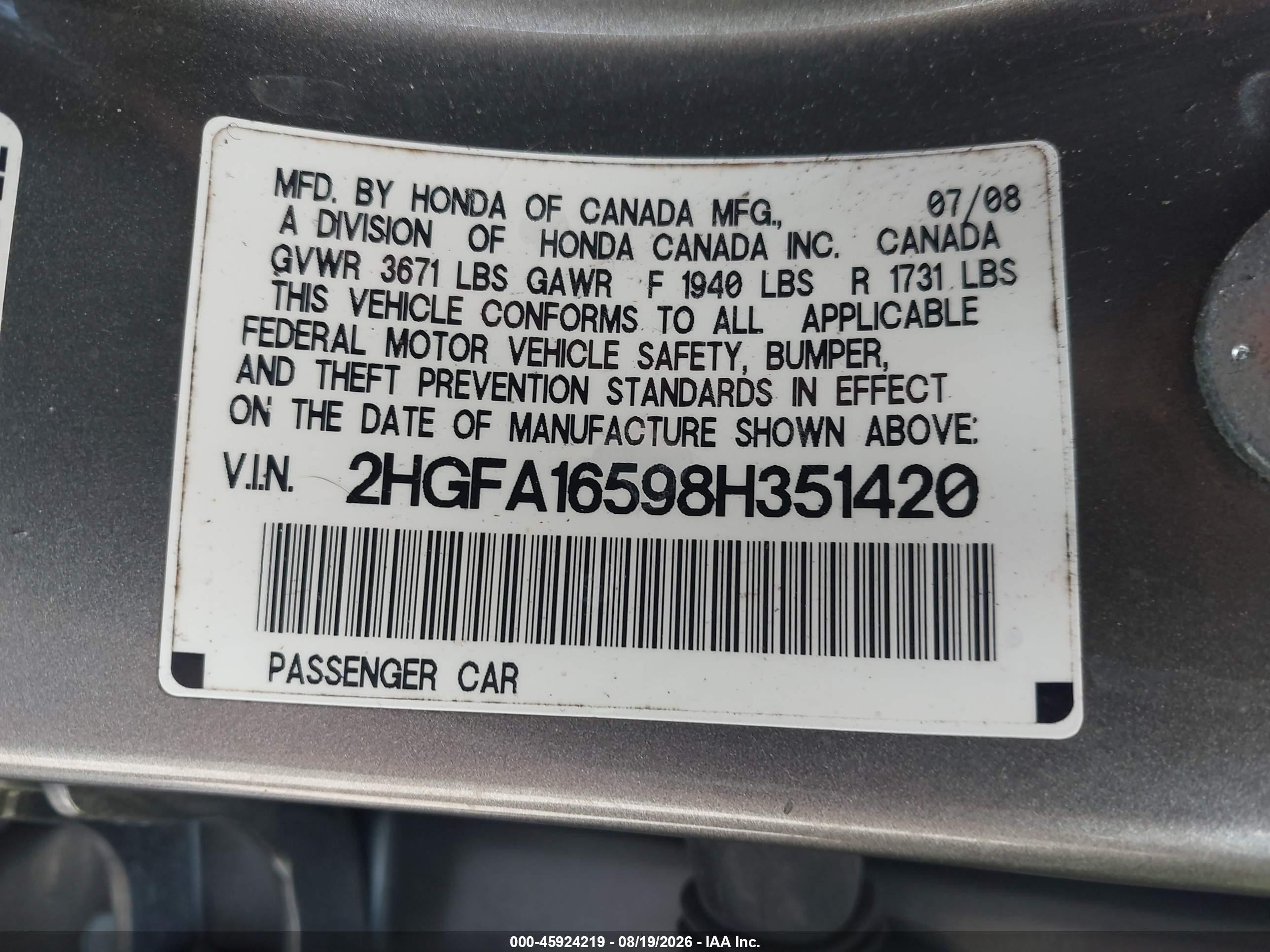 2008 Honda Civic Lx Gray vin: 2HGFA16598H351420