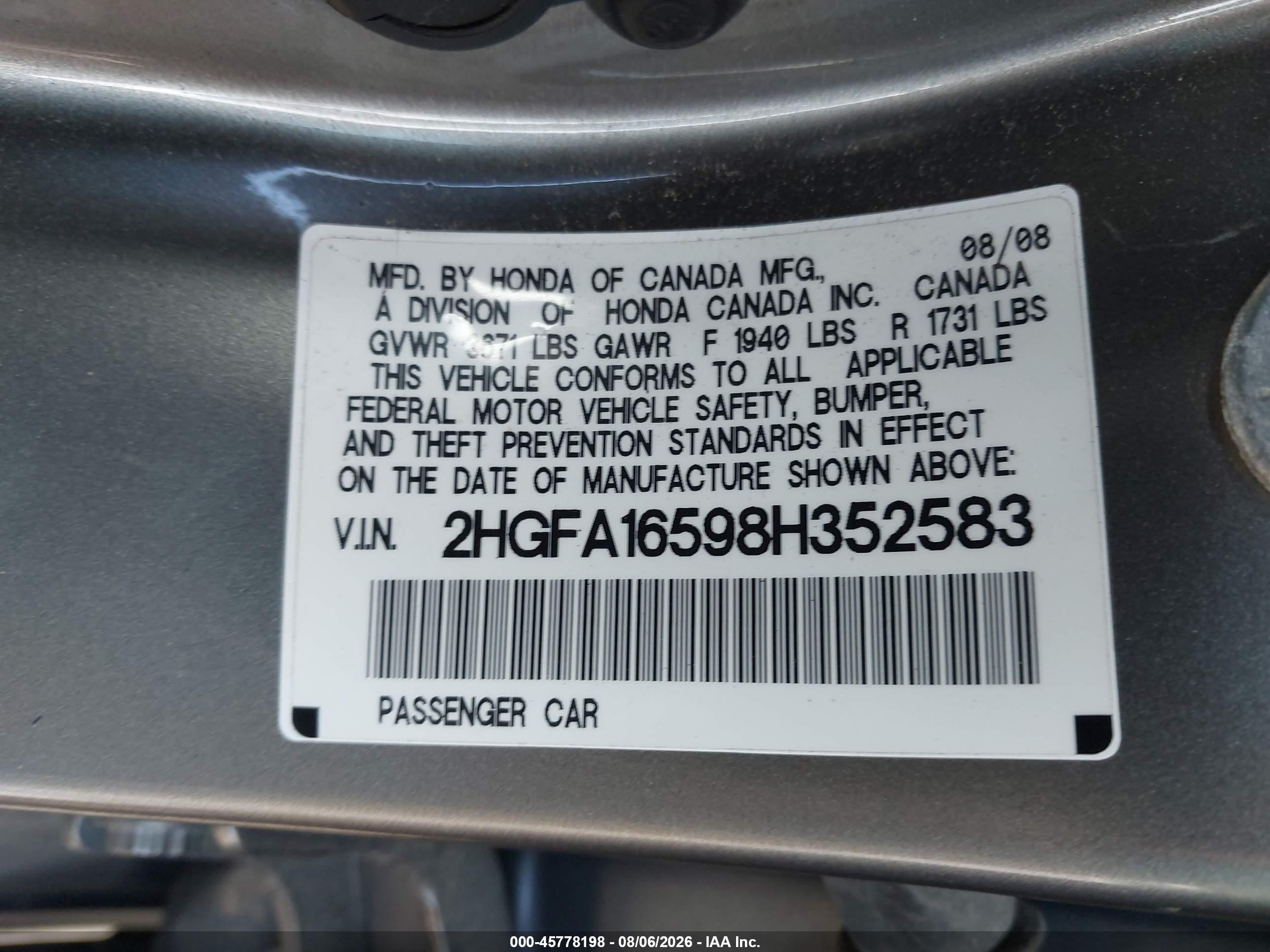 2008 Honda Civic Lx Tan vin: 2HGFA16598H352583