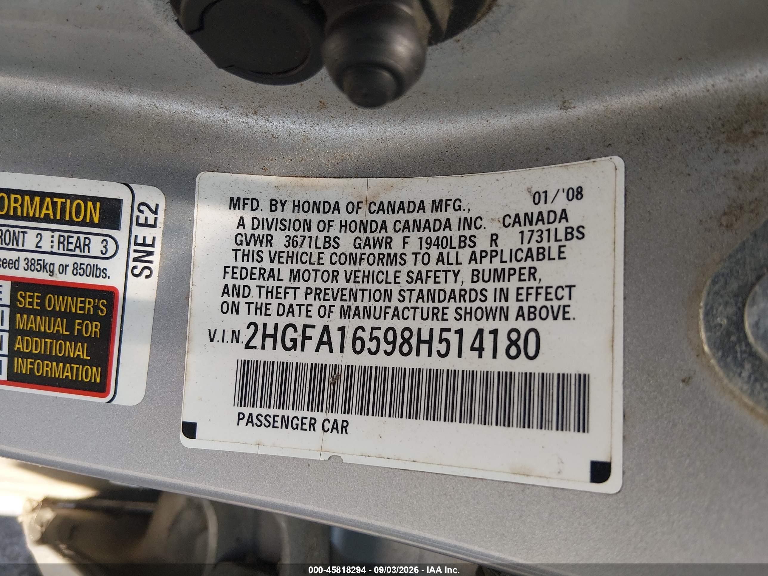 2008 Honda Civic Lx Серебряный vin: 2HGFA16598H514180