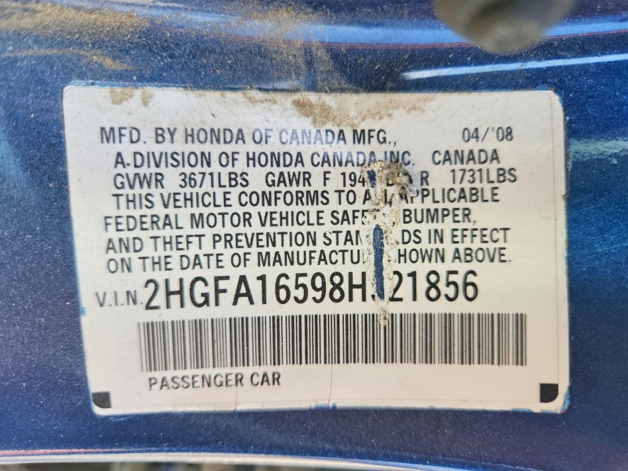 2008 Honda Civic Lx Blue vin: 2HGFA16598H521856