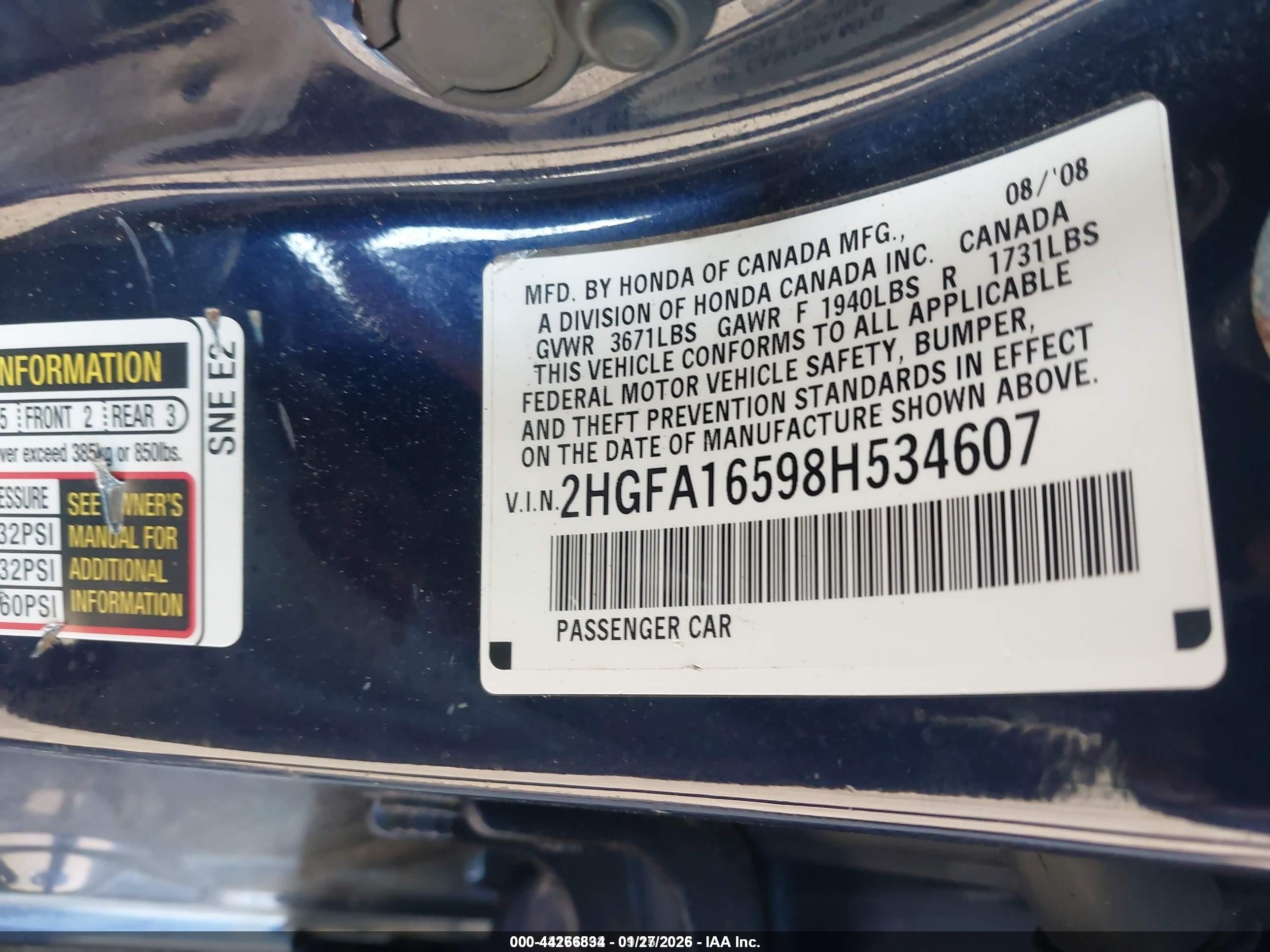 2008 Honda Civic Lx Blue vin: 2HGFA16598H534607