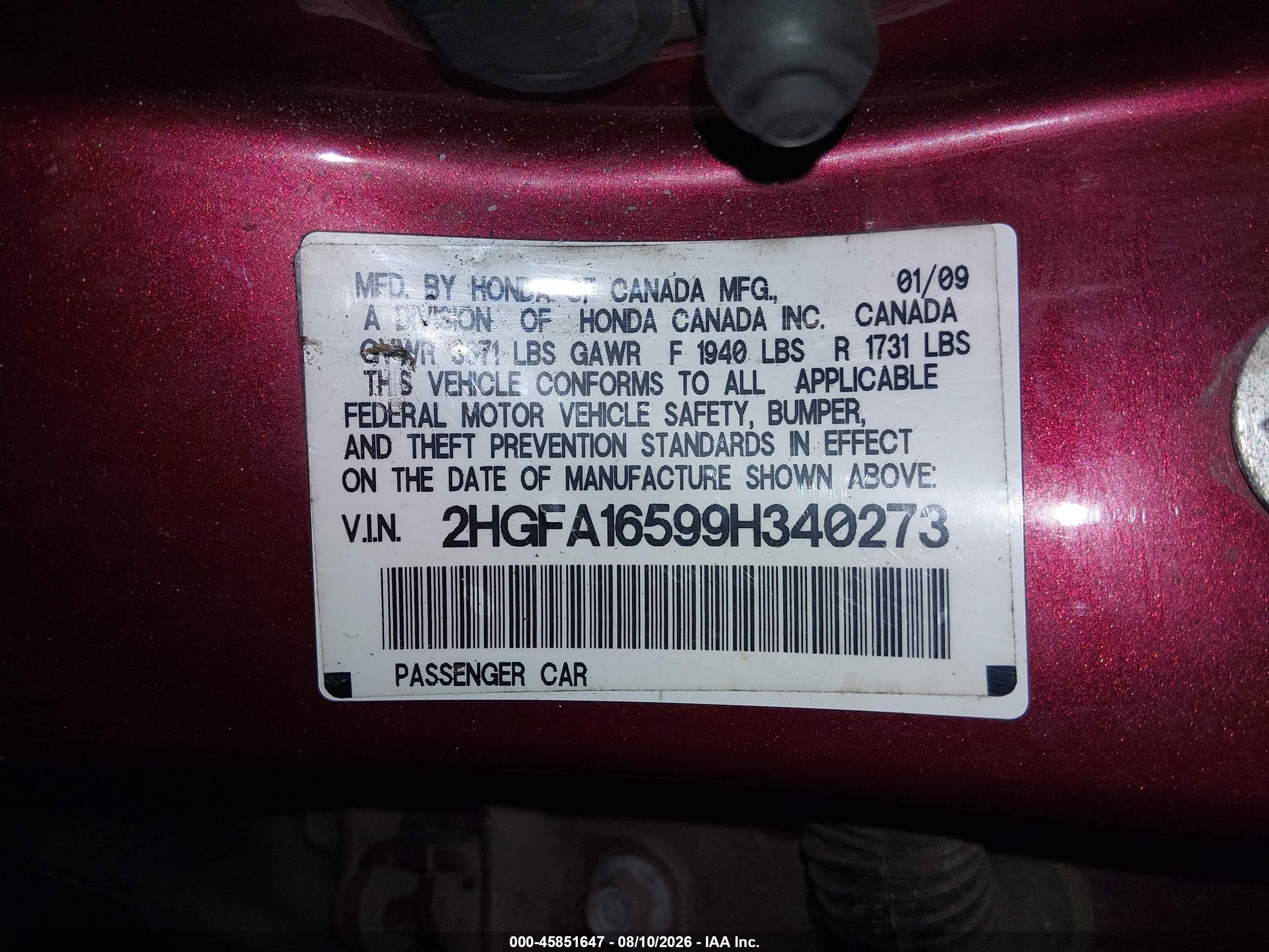 2009 Honda Civic Lx Red vin: 2HGFA16599H340273