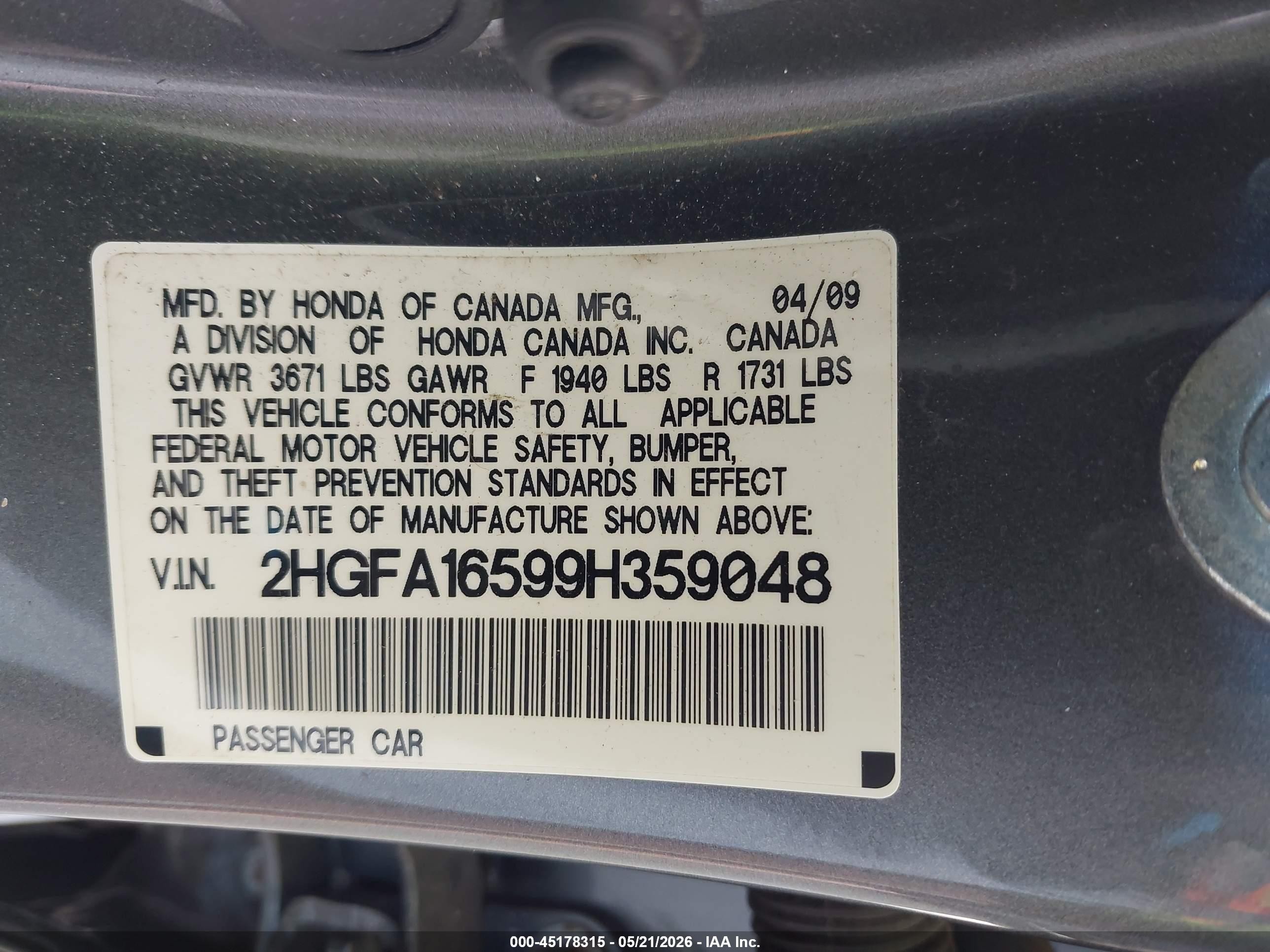 2009 Honda Civic Lx Gray vin: 2HGFA16599H359048