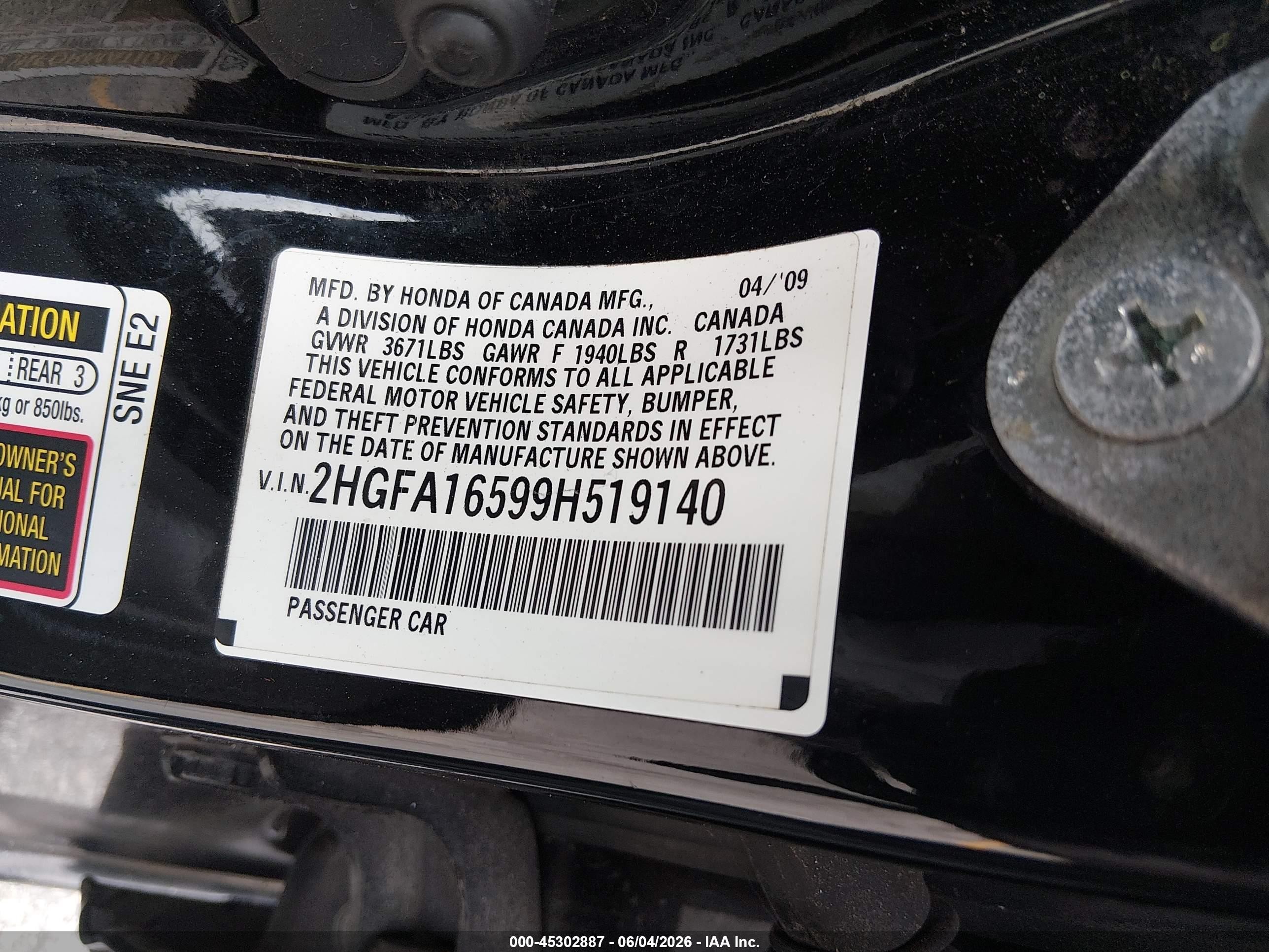 2009 Honda Civic Lx Black vin: 2HGFA16599H519140