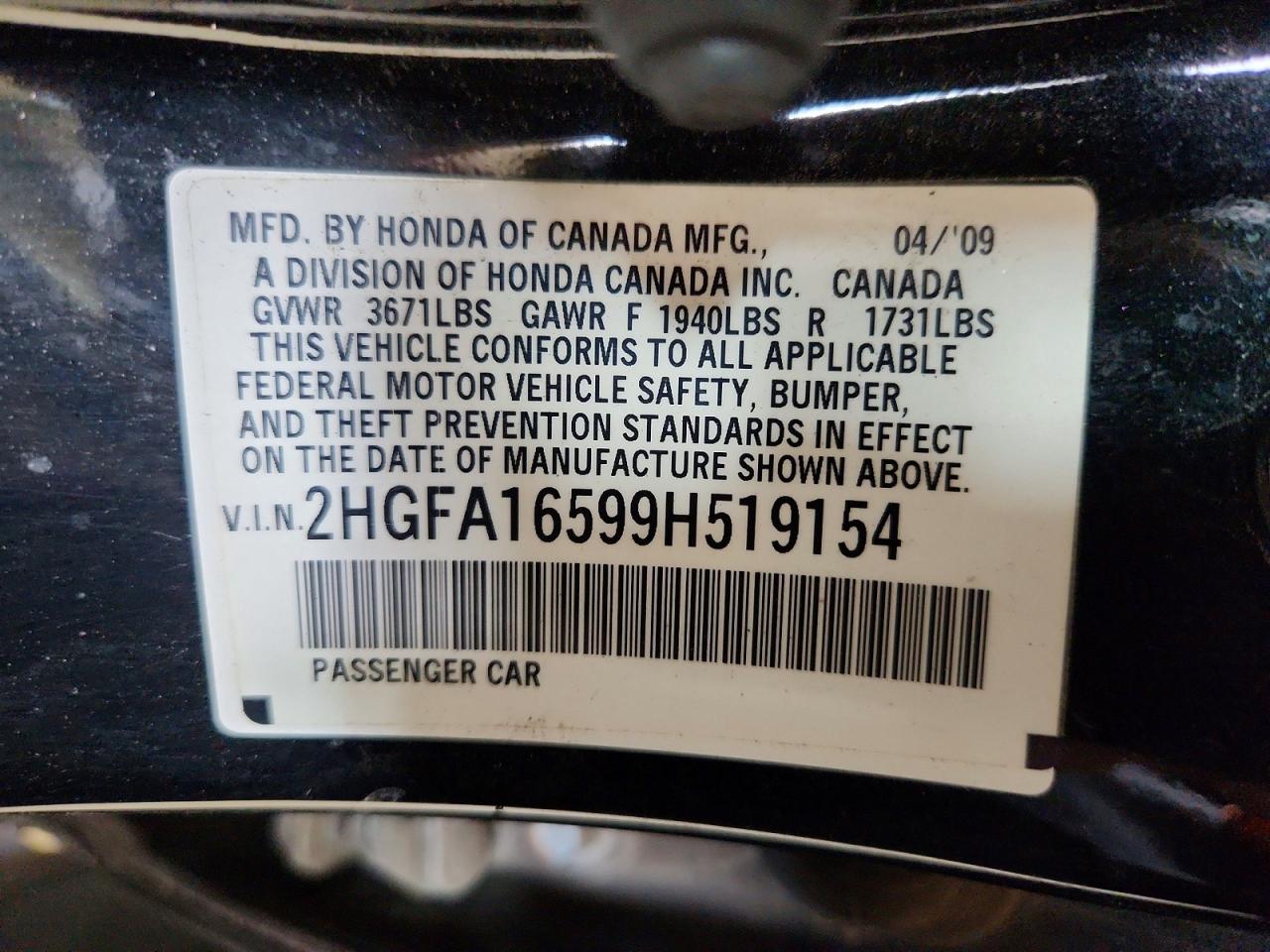 2009 Honda Civic Lx Black vin: 2HGFA16599H519154