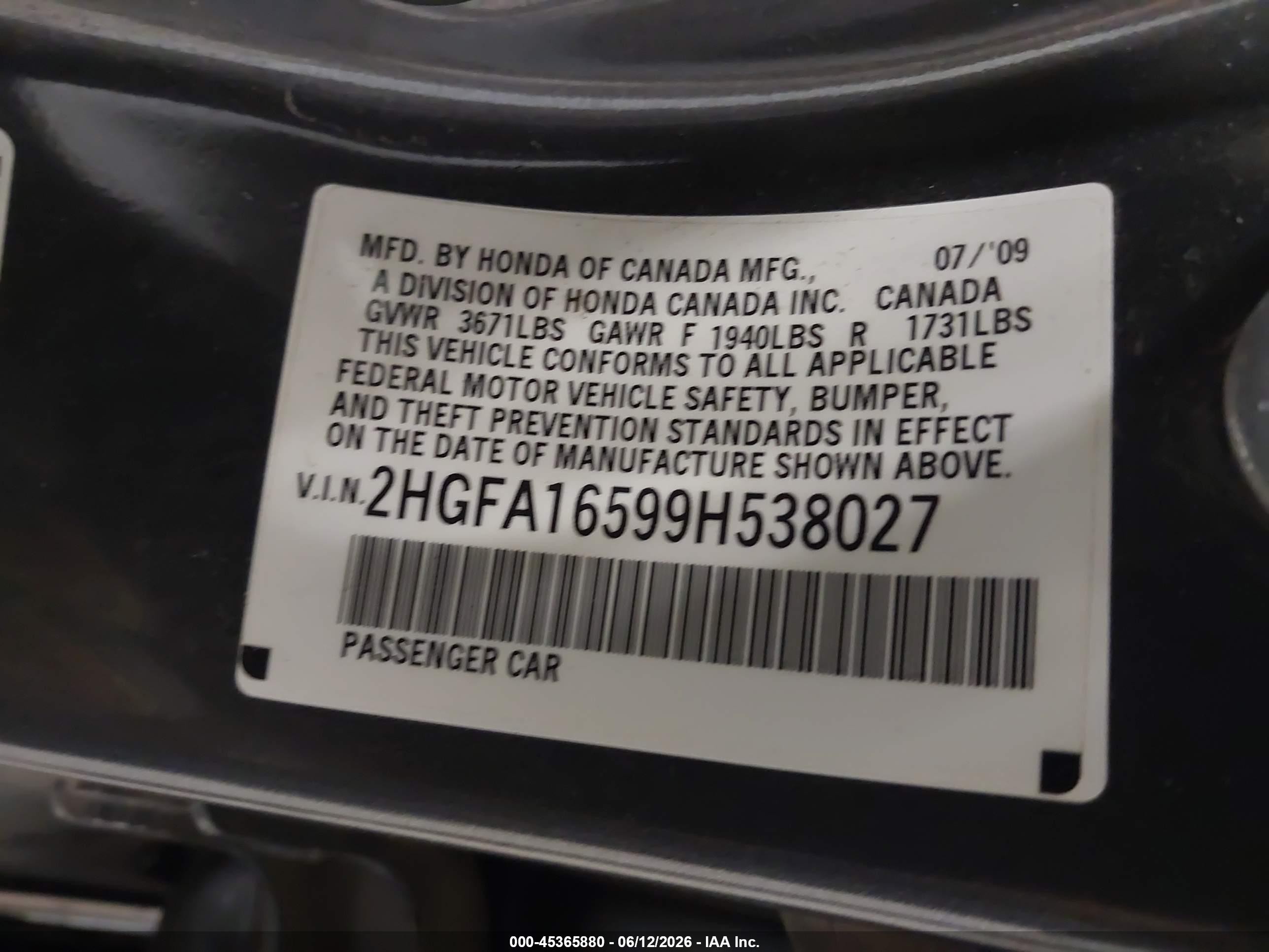 2009 Honda Civic Lx Gray vin: 2HGFA16599H538027