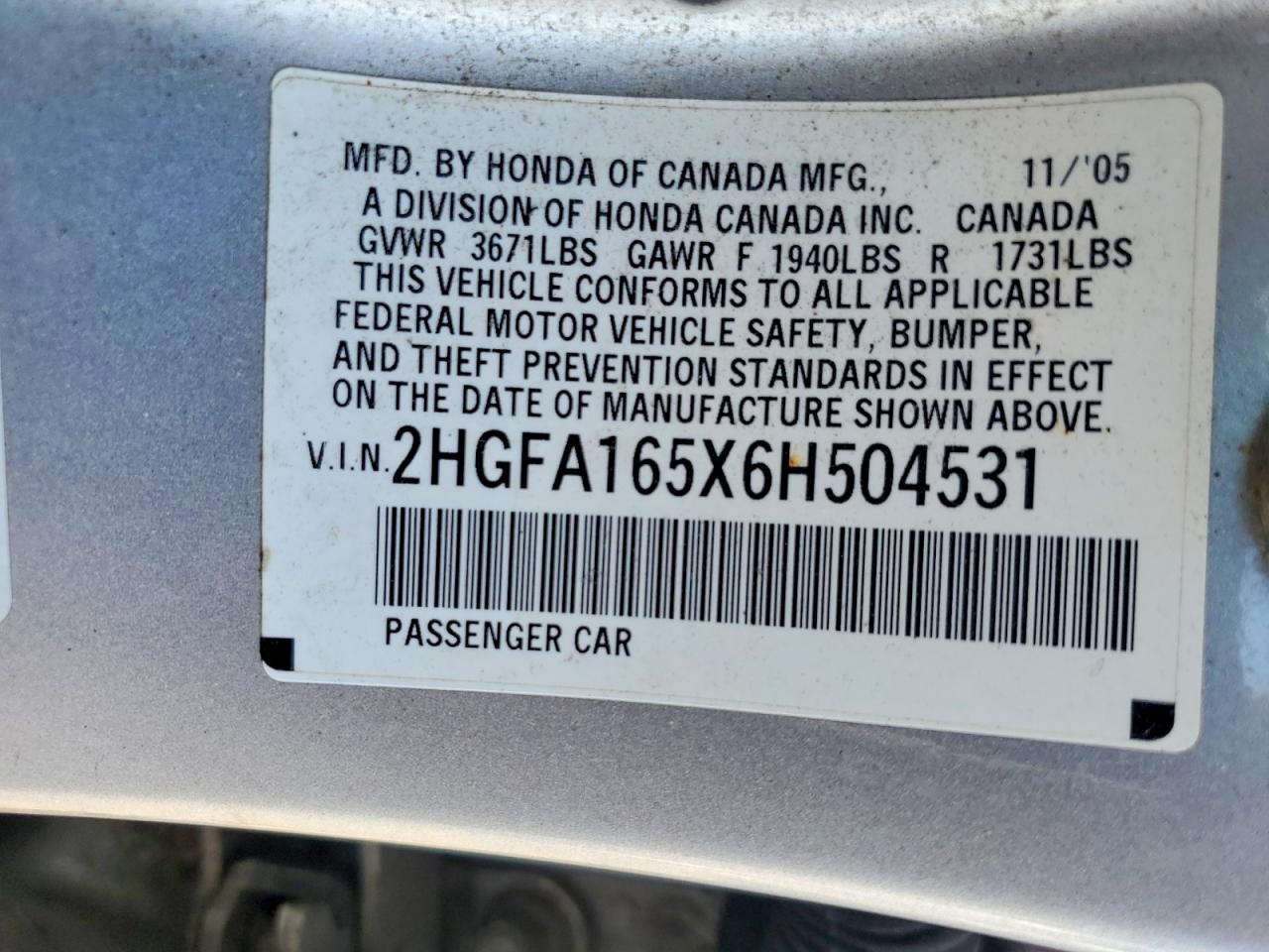 2006 Honda Civic Lx Silver vin: 2HGFA165X6H504531