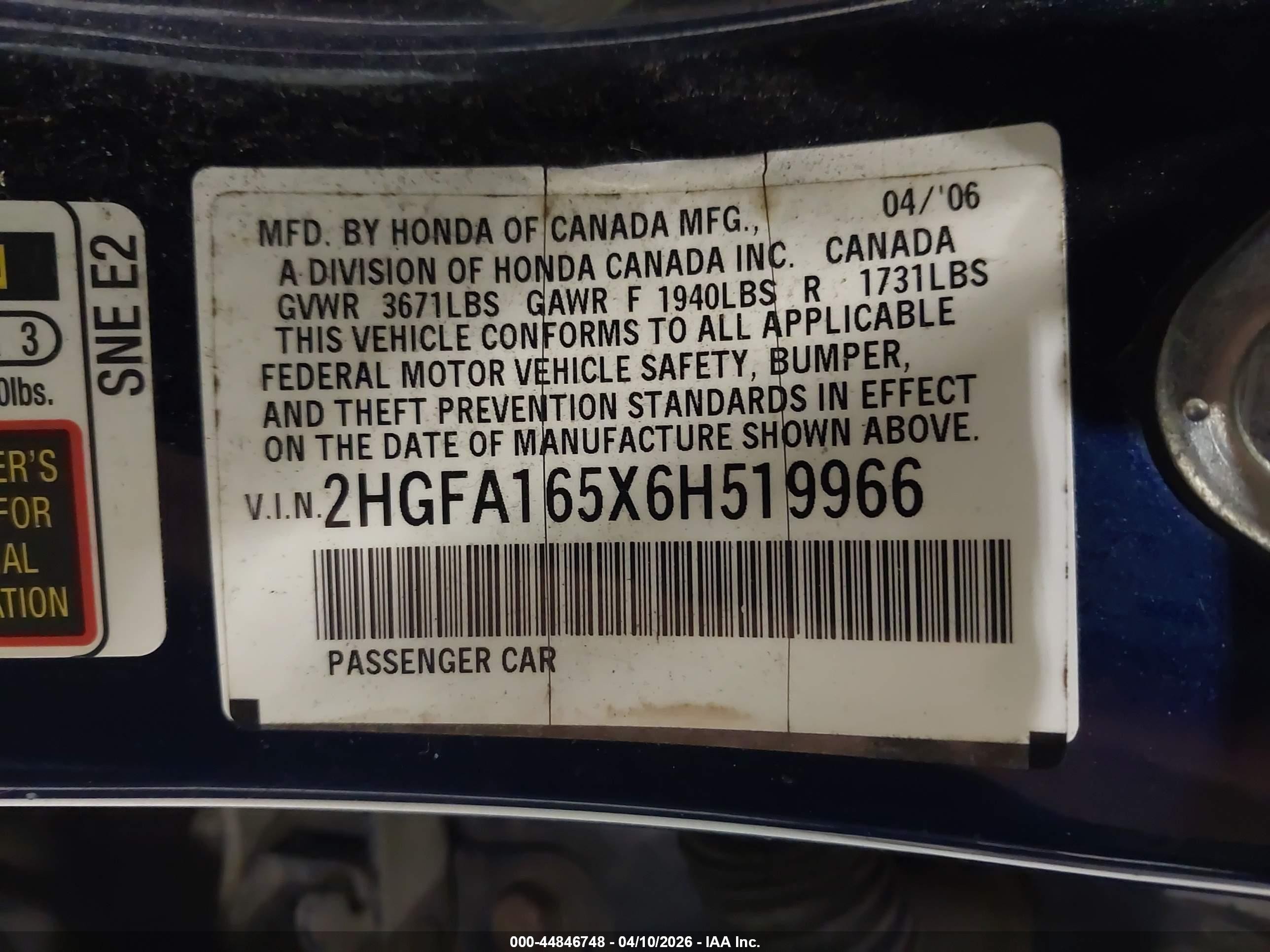 2006 Honda Civic Lx Blue vin: 2HGFA165X6H519966