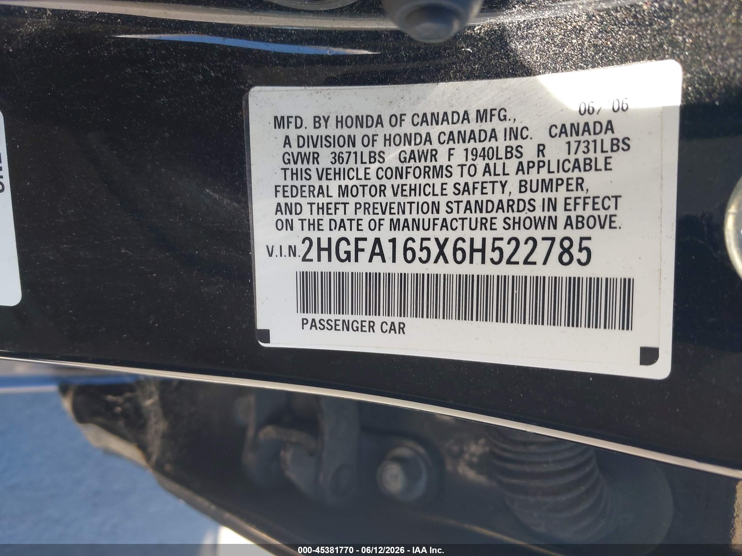 2006 Honda Civic Lx Blue vin: 2HGFA165X6H522785