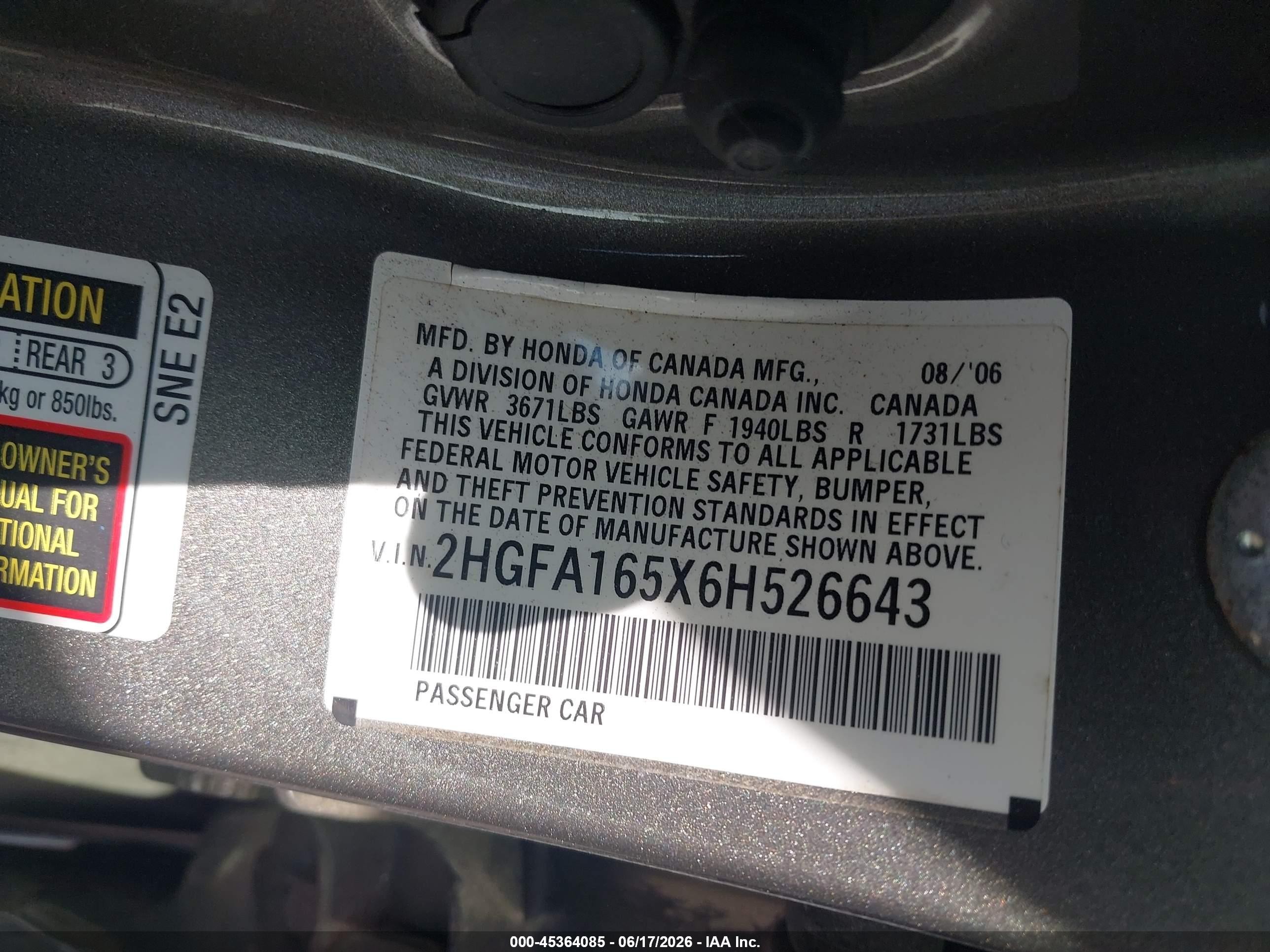 2006 Honda Civic Lx Gray vin: 2HGFA165X6H526643
