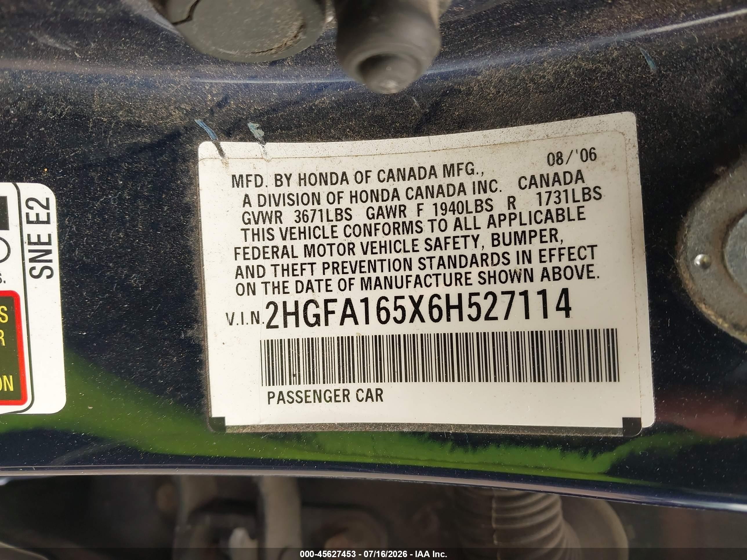 2006 Honda Civic Lx Blue vin: 2HGFA165X6H527114