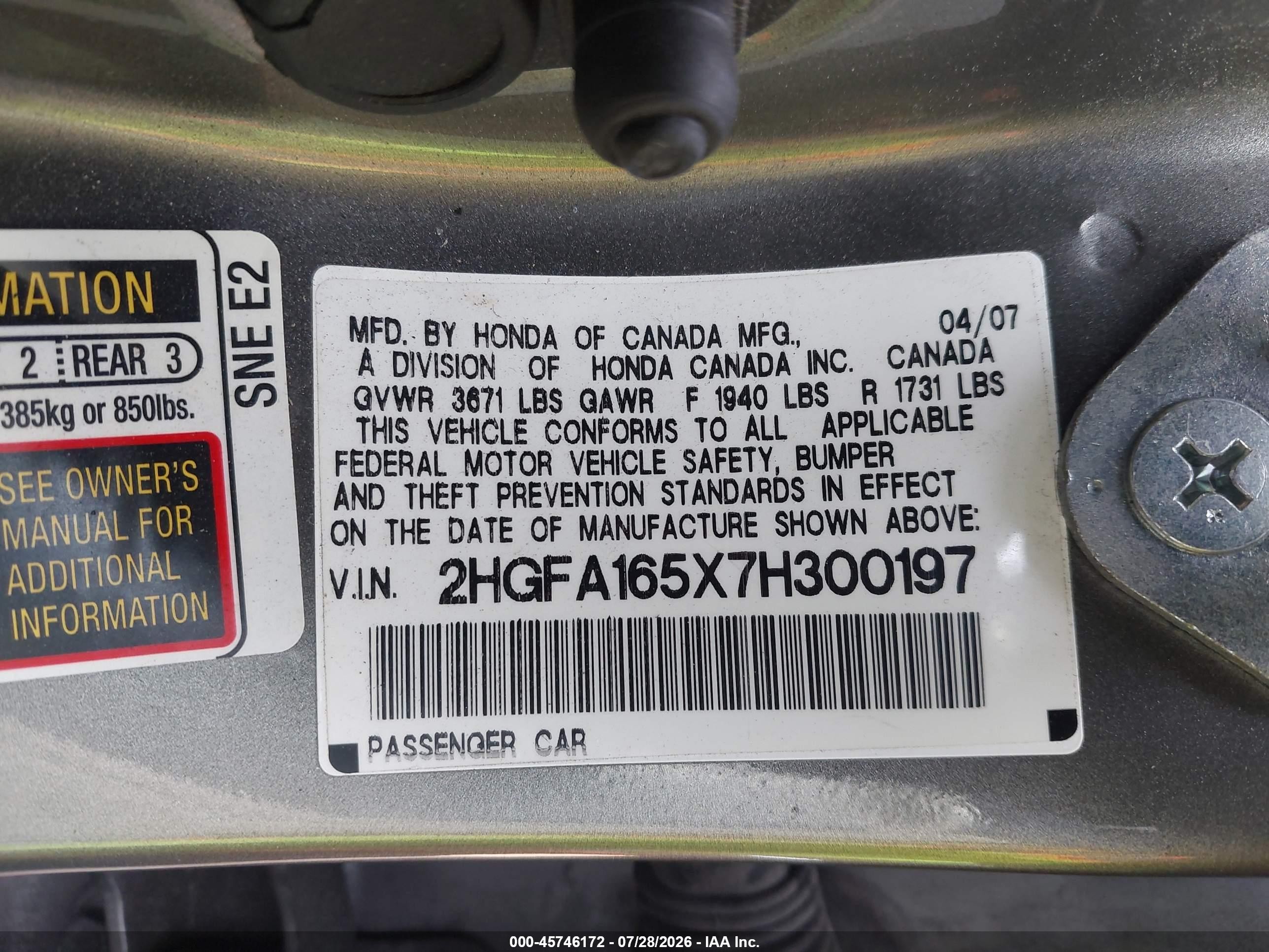 2007 Honda Civic Lx Gray vin: 2HGFA165X7H300197