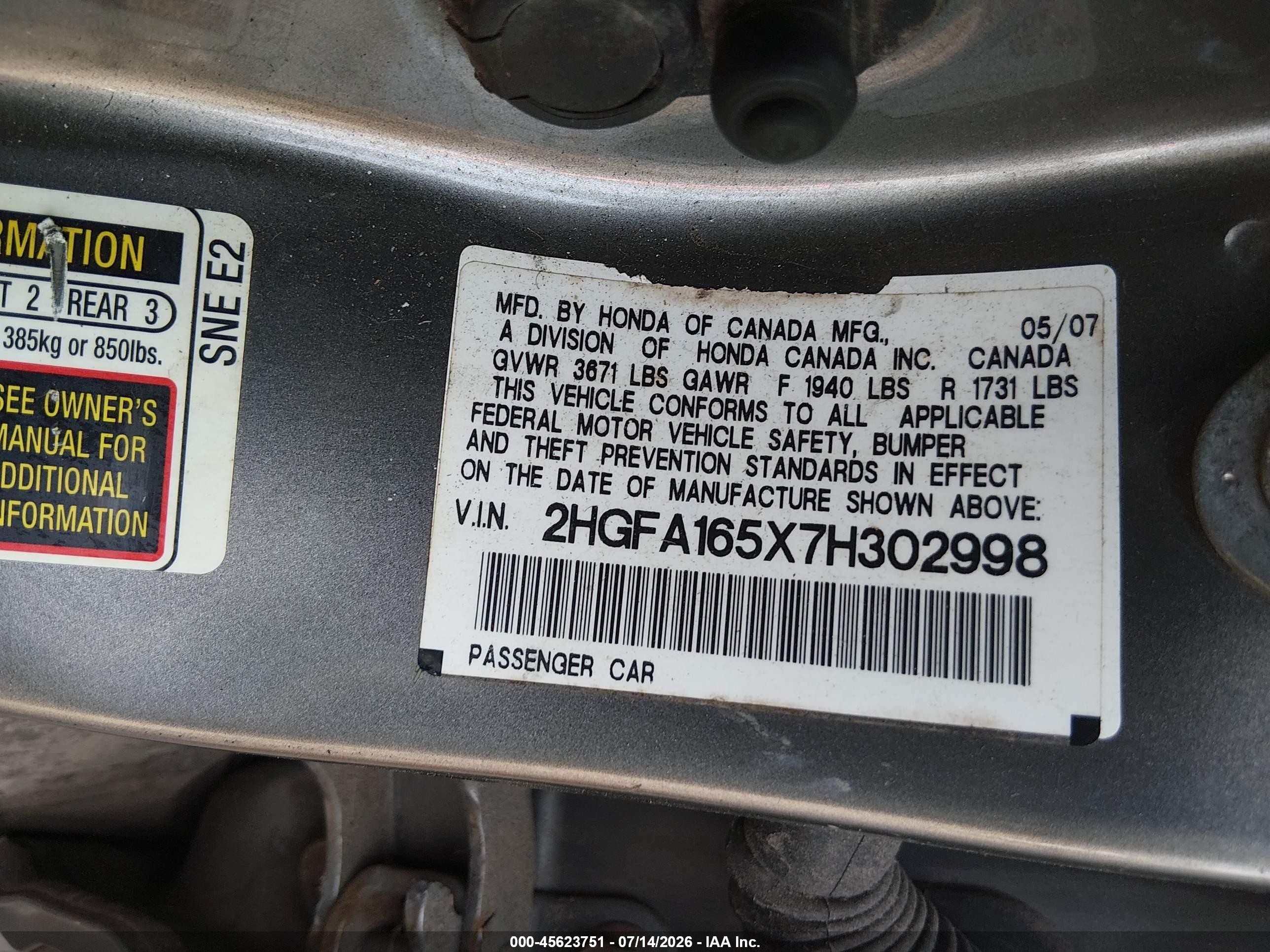 2007 Honda Civic Lx Gray vin: 2HGFA165X7H302998