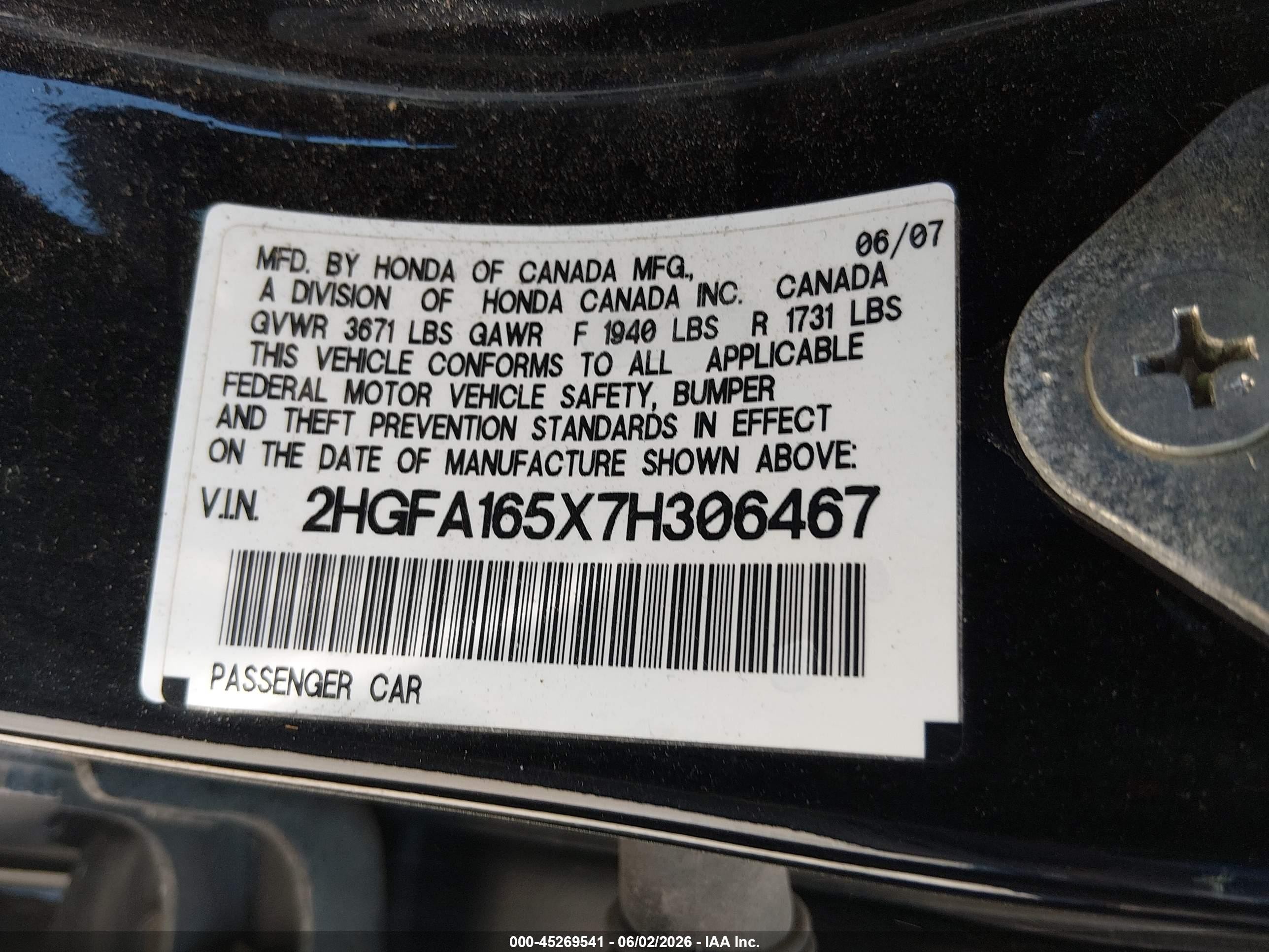 2007 Honda Civic Lx Черный vin: 2HGFA165X7H306467