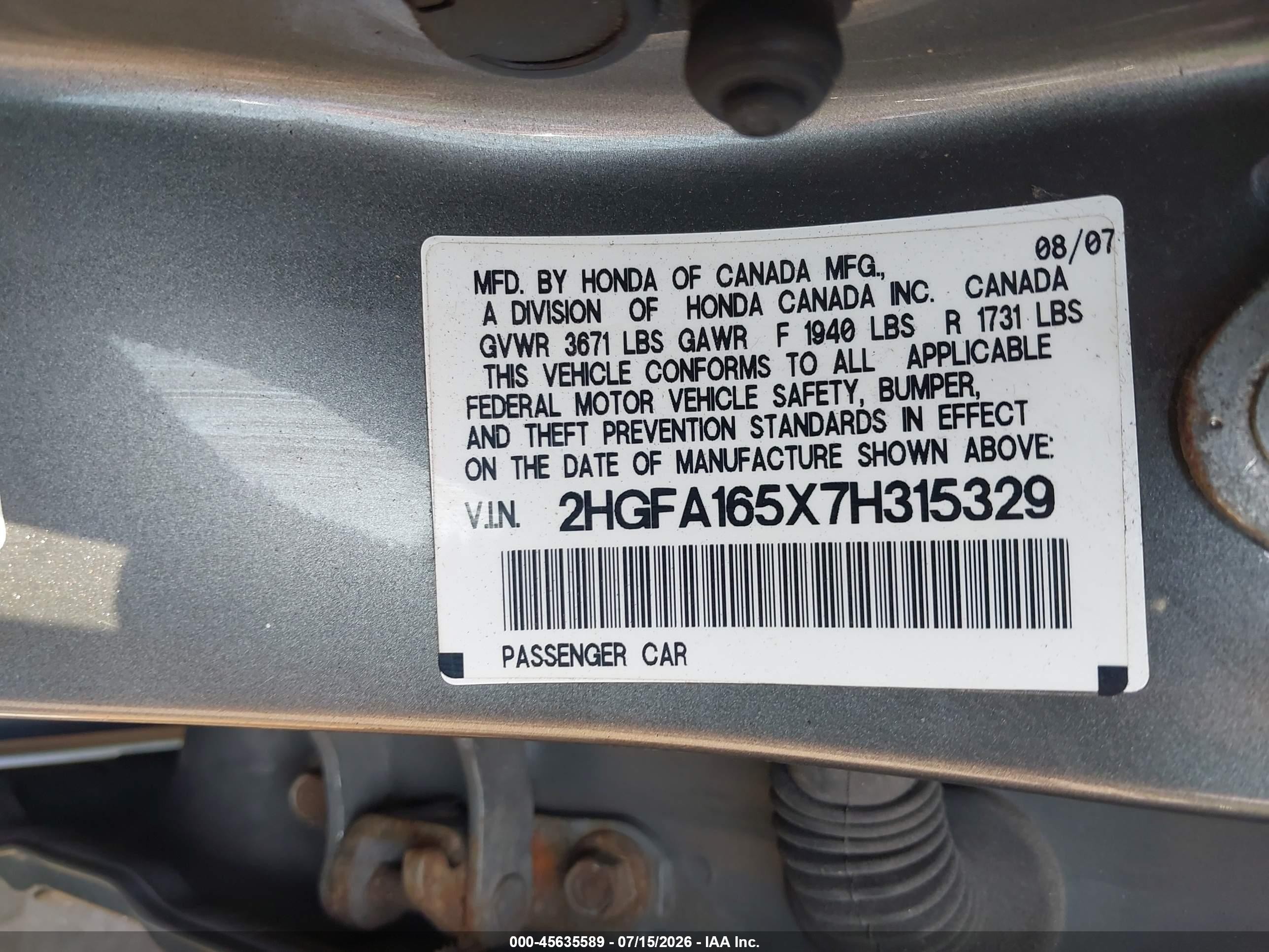 2007 Honda Civic Lx Gray vin: 2HGFA165X7H315329
