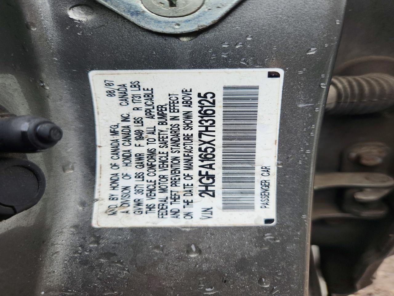 2007 Honda Civic Lx Gray vin: 2HGFA165X7H316125