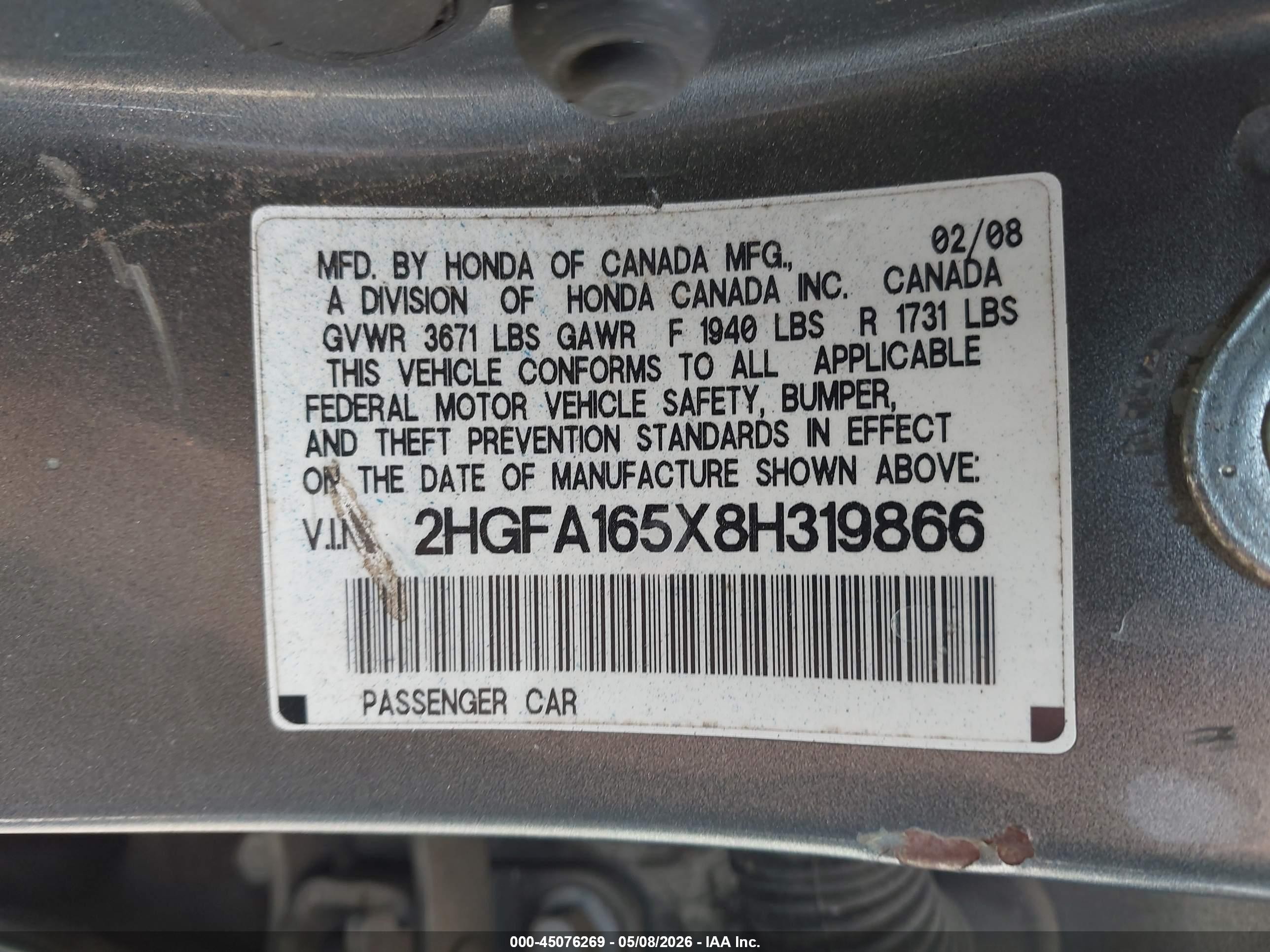 2008 Honda Civic Lx Blue vin: 2HGFA165X8H319866