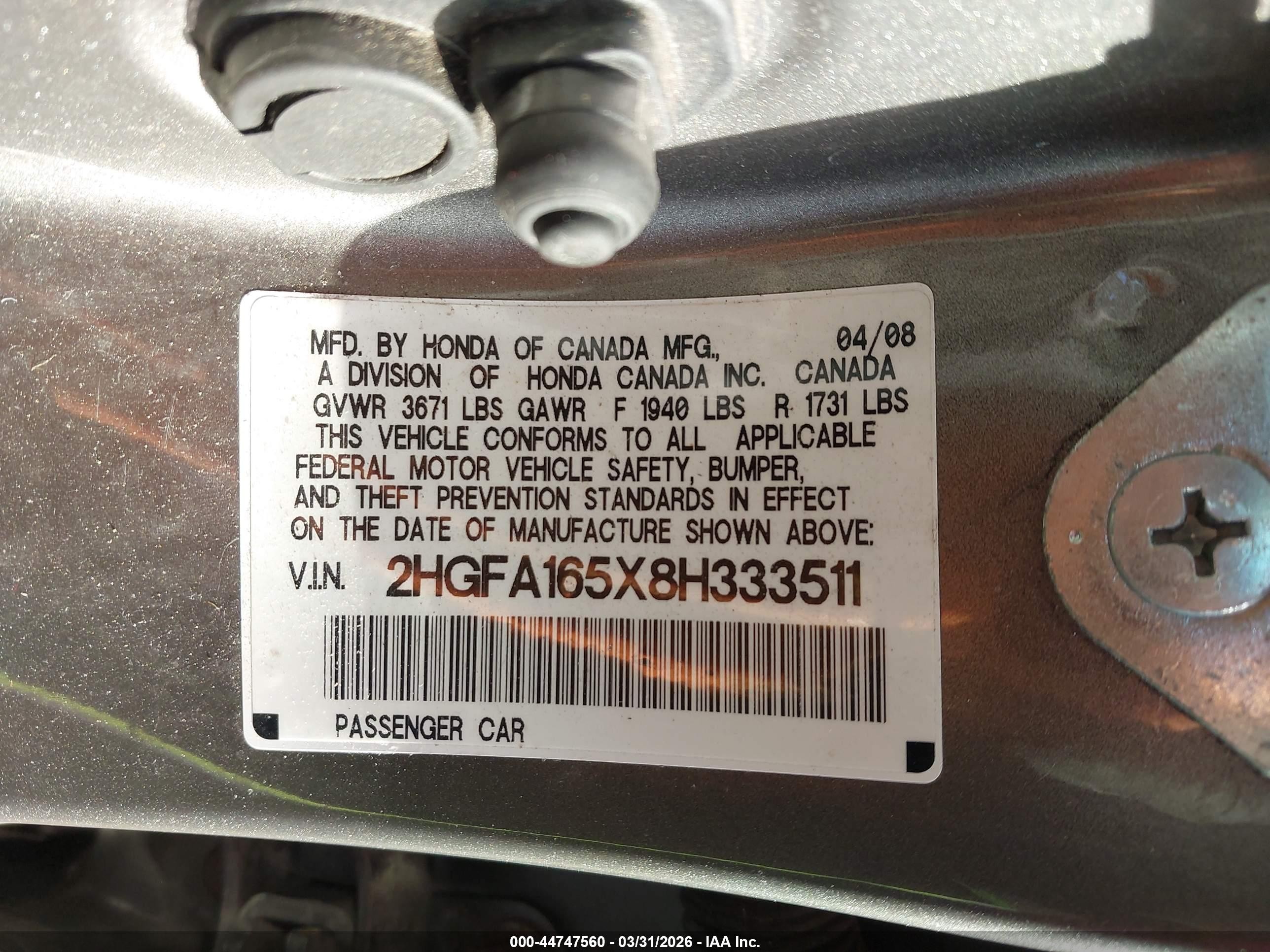 2008 Honda Civic Lx Champagne vin: 2HGFA165X8H333511