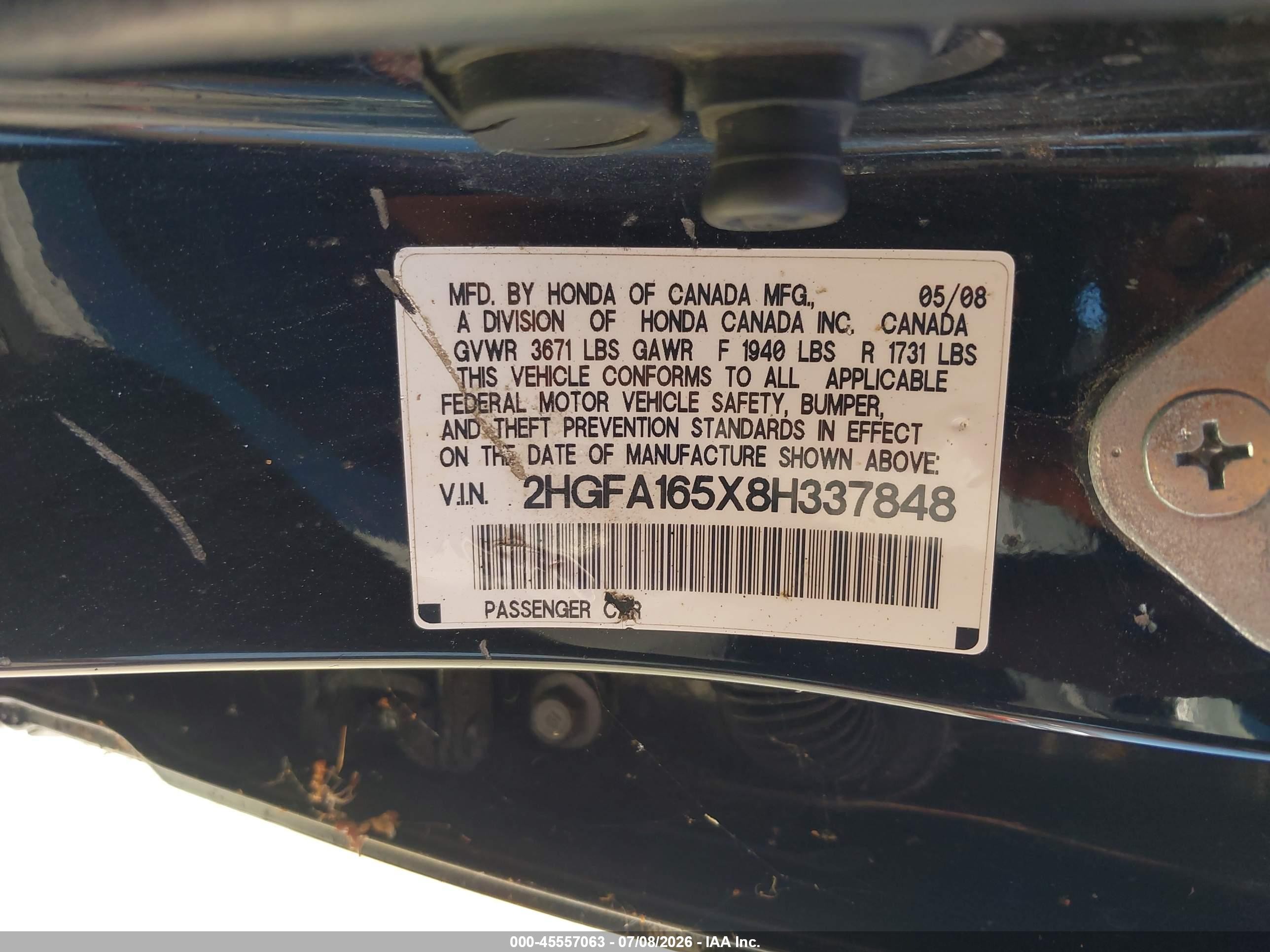 2008 Honda Civic Lx Black vin: 2HGFA165X8H337848