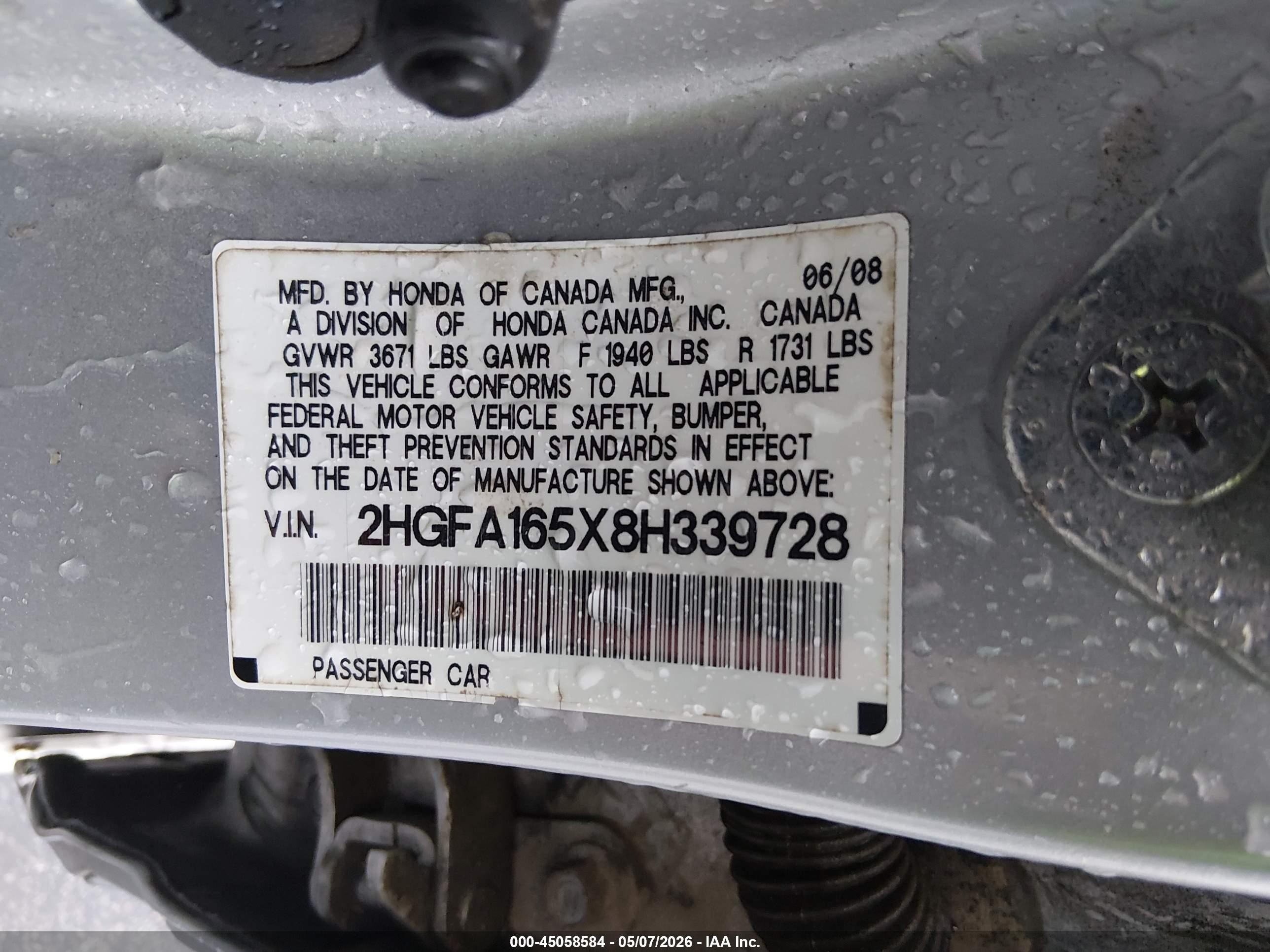 2008 Honda Civic Lx Gray vin: 2HGFA165X8H339728
