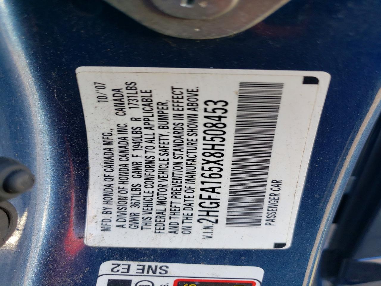 2008 Honda Civic Lx Blue vin: 2HGFA165X8H508453