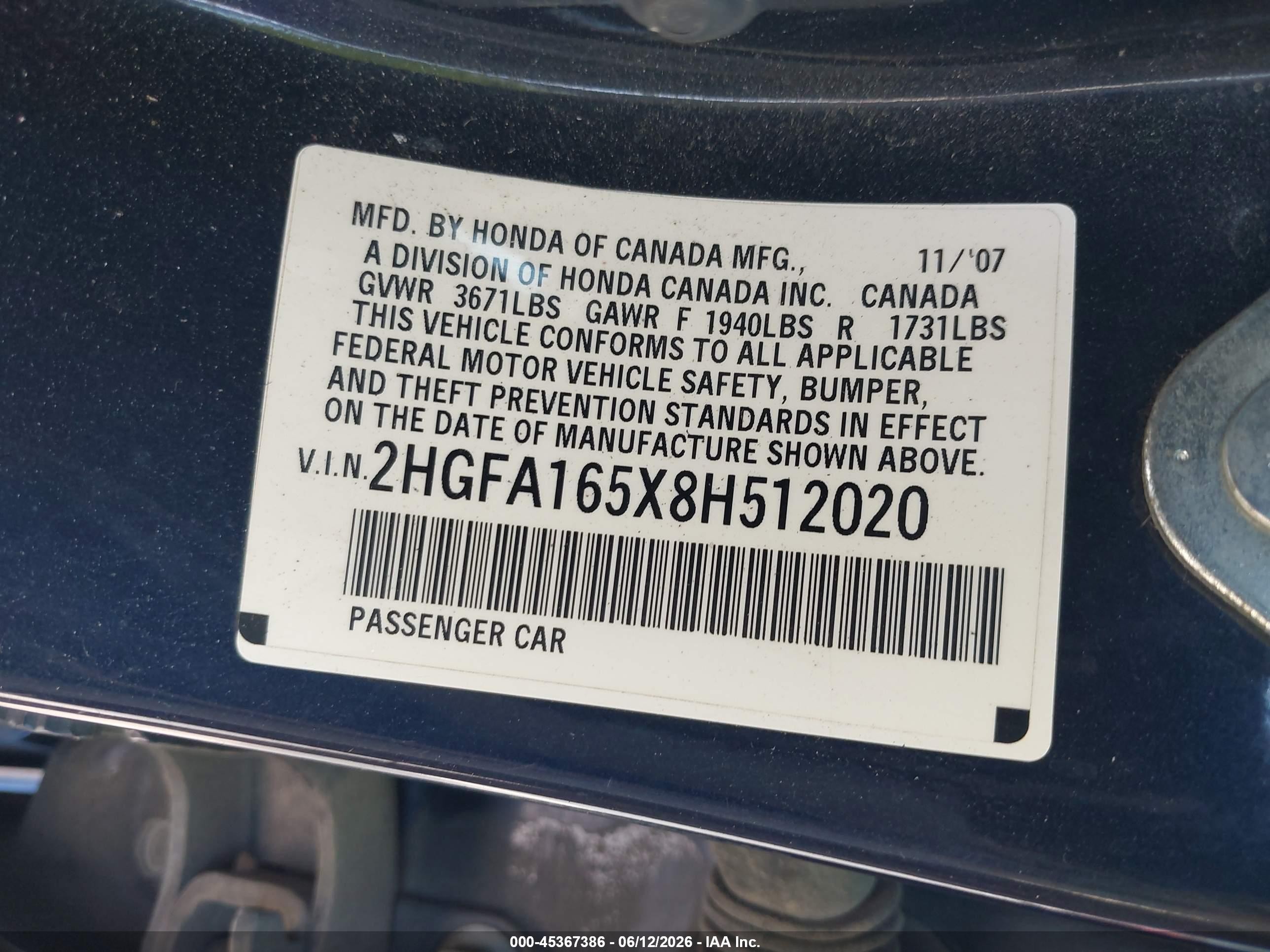 2008 Honda Civic Lx Blue vin: 2HGFA165X8H512020