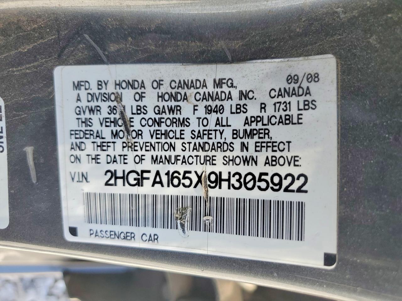 2009 Honda Civic Lx Charcoal vin: 2HGFA165X9H305922