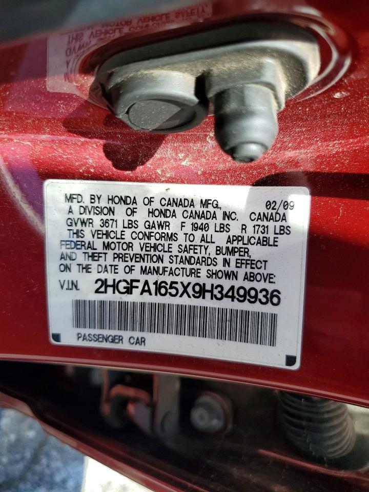 2009 Honda Civic Lx Burgundy vin: 2HGFA165X9H349936