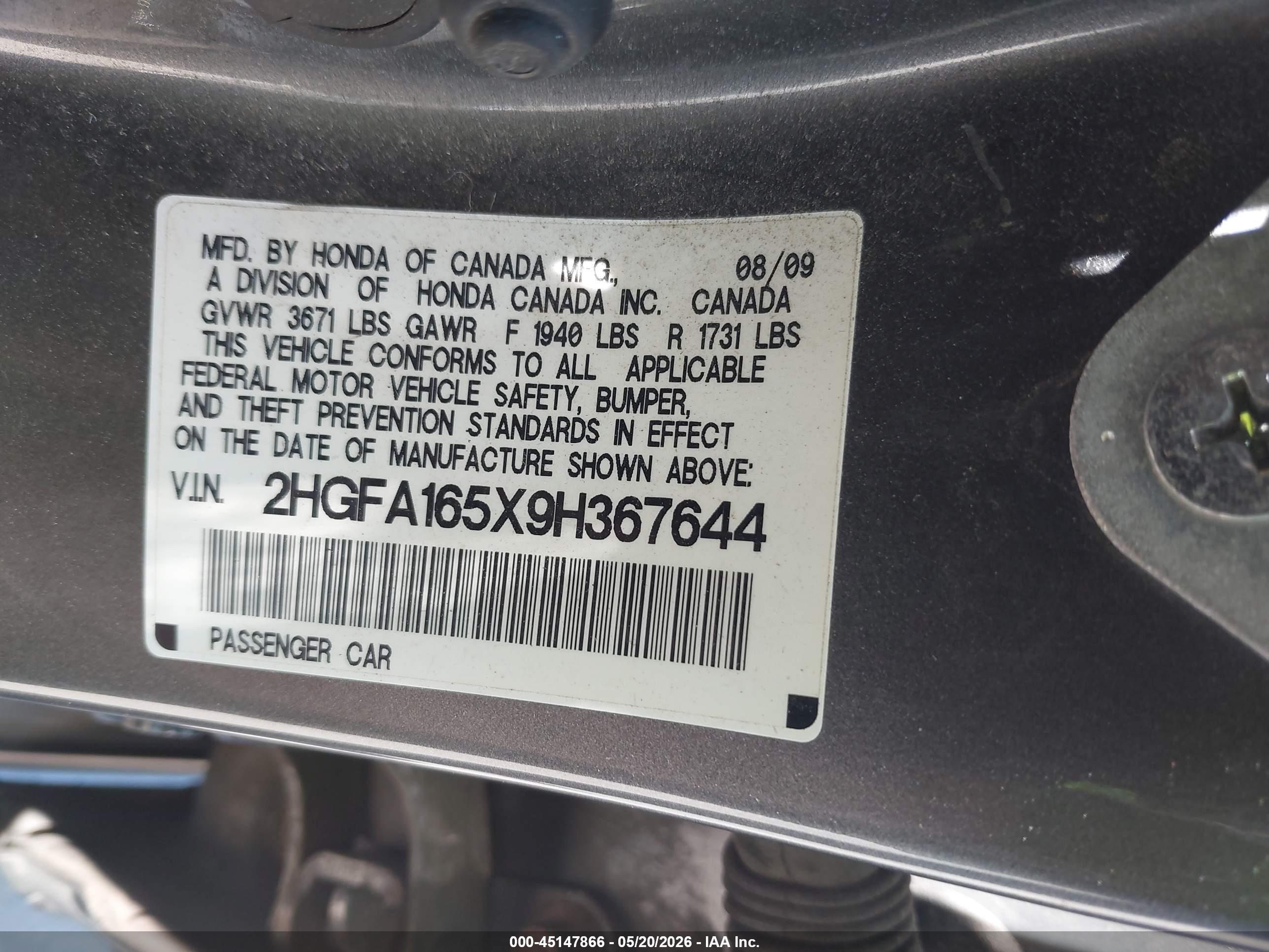 2009 Honda Civic Lx Gray vin: 2HGFA165X9H367644