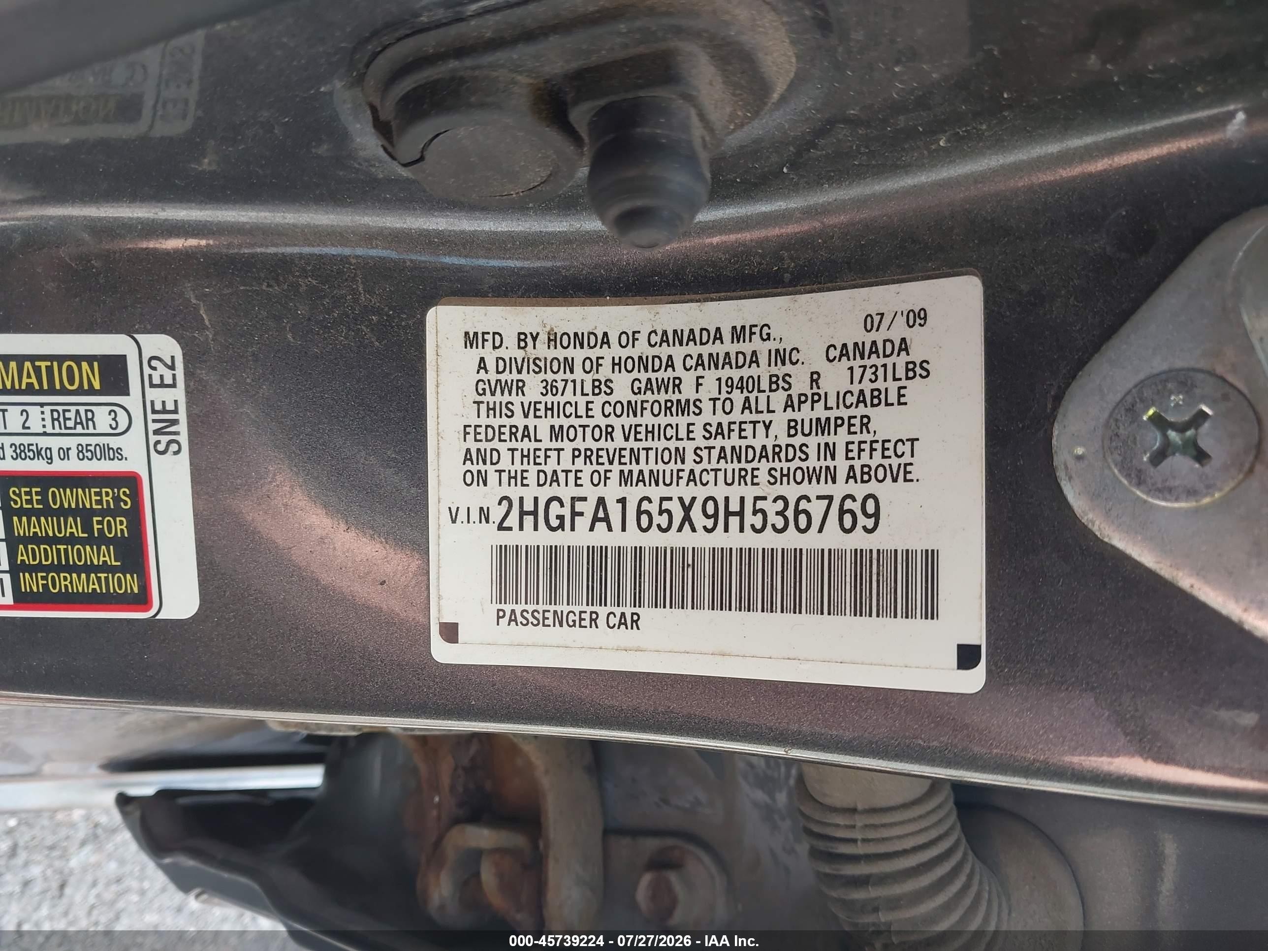 2009 Honda Civic Lx Gray vin: 2HGFA165X9H536769