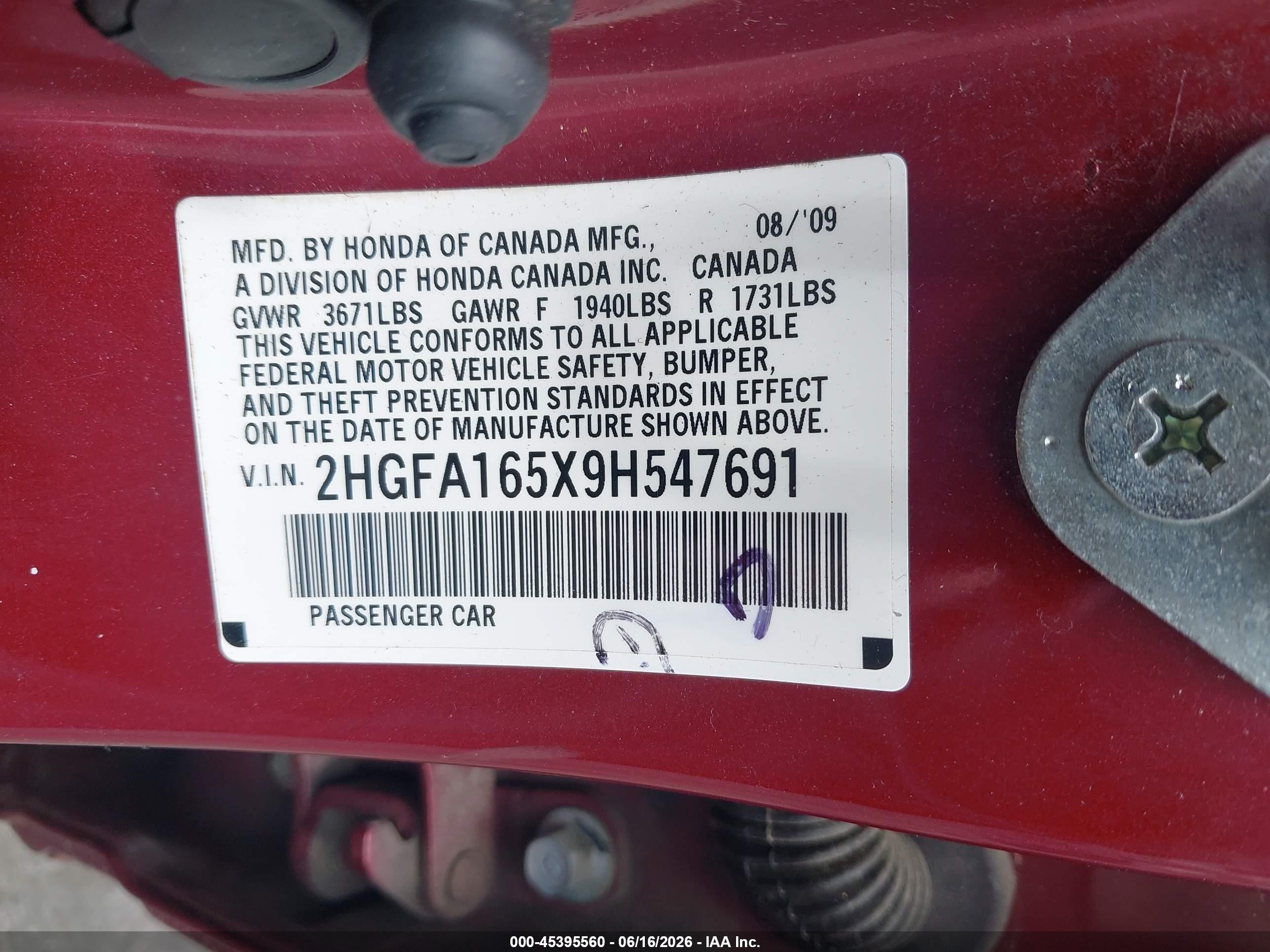 2009 Honda Civic Lx Red vin: 2HGFA165X9H547691